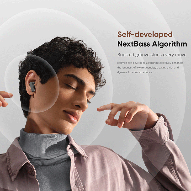 Ein junger Mann mit geschlossenen Augen trägt In-Ear-Kopfhörer, umgeben von Schallwellengrafiken.