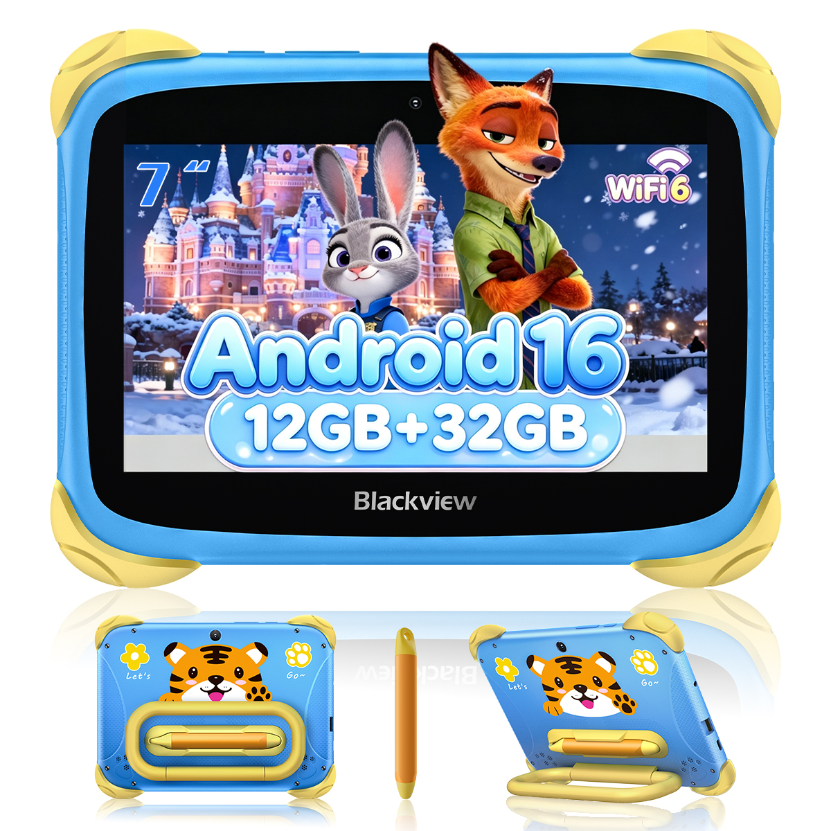 Ein blaues Kinder-Tablet mit gelben Ecken zeigt Zootopia-Figuren auf dem Bildschirm, unten Rück- und Seitenansichten.