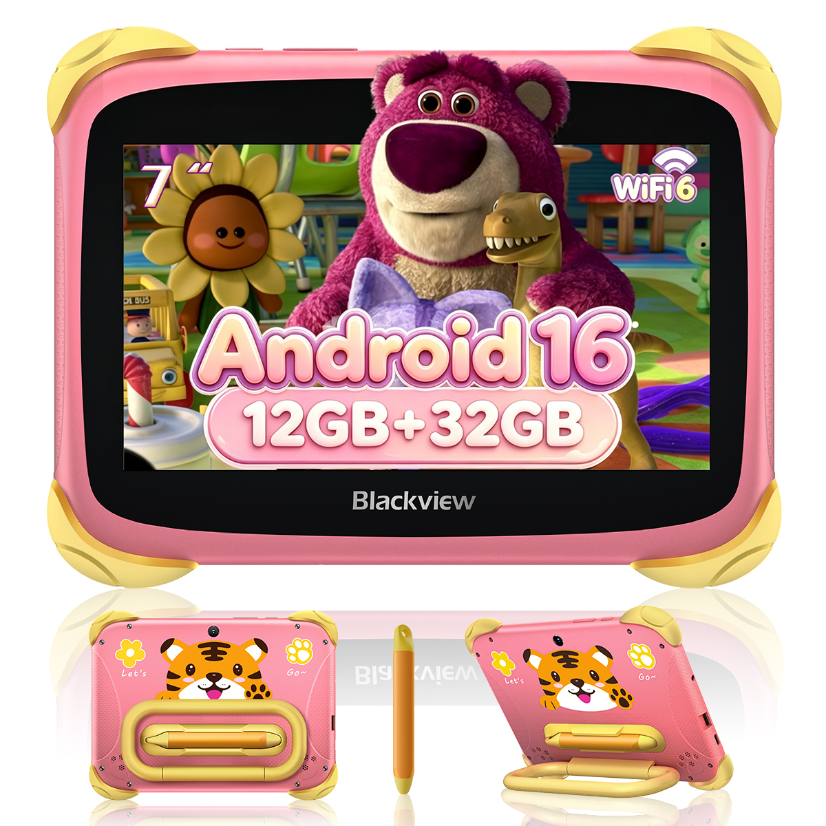 Rosa Tablet mit gelben Ecken, Cartoon-Bildschirm und Rückseite mit Tigermotiv und Ständer.