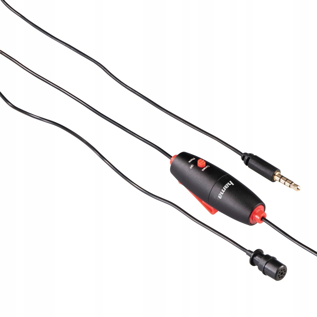 Ein schwarzes Lavaliermikrofon mit Kabel, Stecker und einem roten Clip gegen weißen Hintergrund.