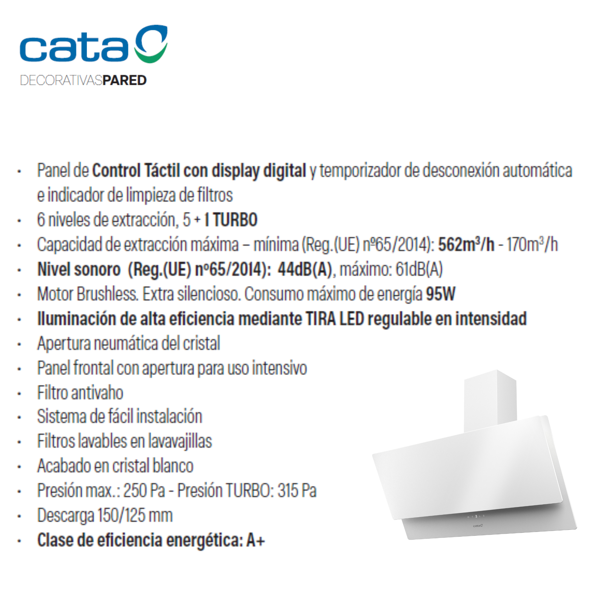Lista de especificaciones de una campana decorativa Cata blanca con control táctil e iluminación LED.