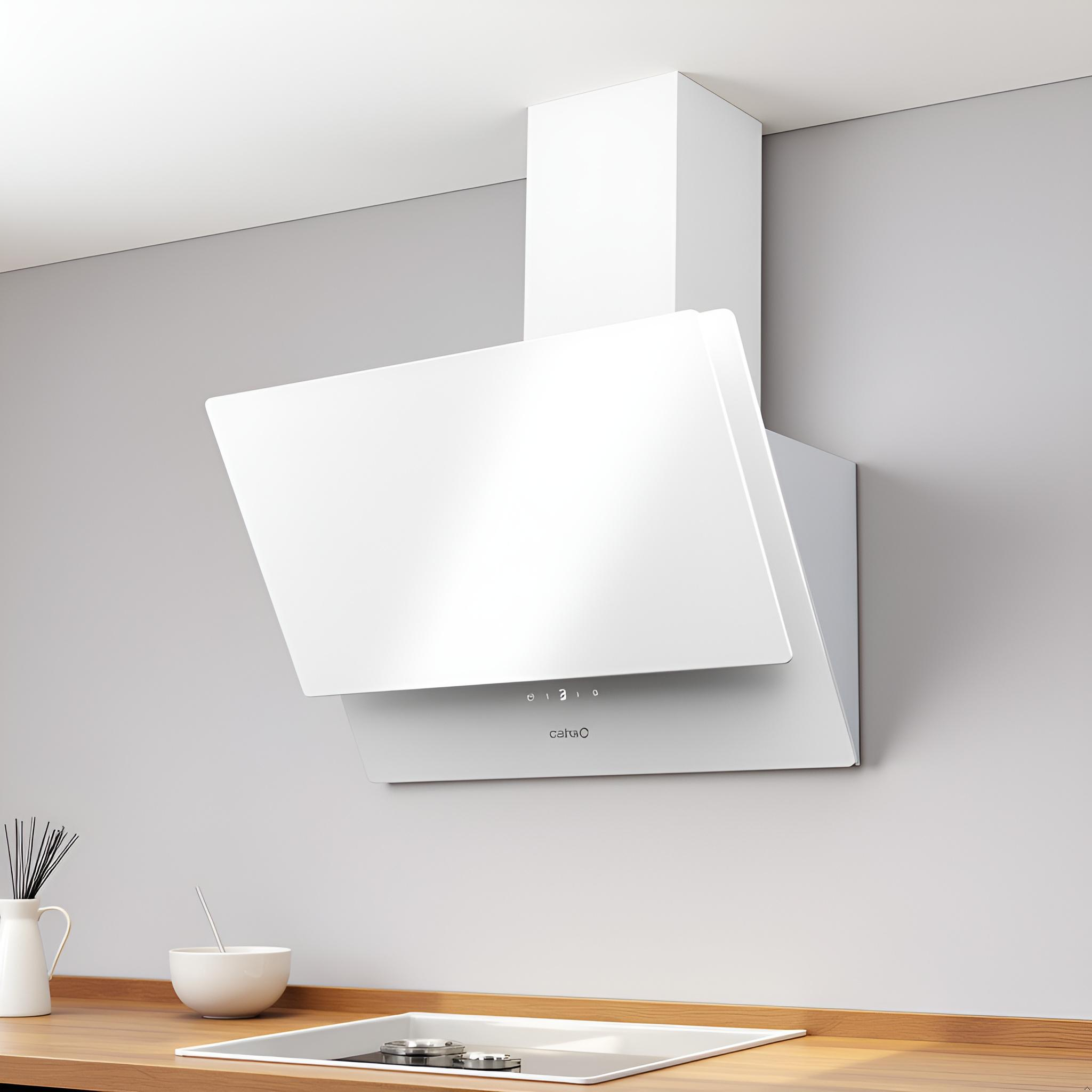 Una moderna campana extractora blanca está montada en una pared gris sobre una encimera de madera.