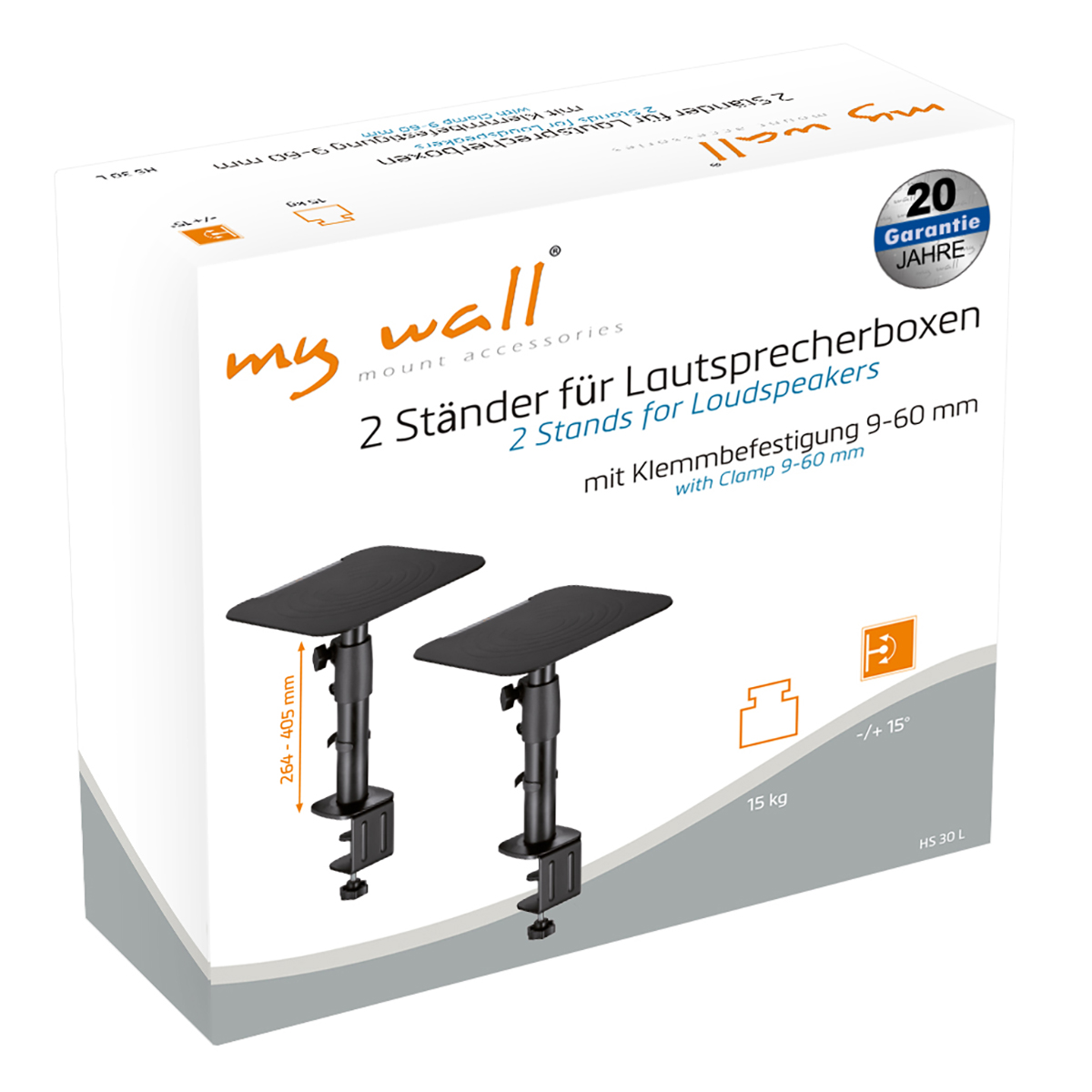 Produktverpackung von My Wall mit zwei schwarzen Lautsprecher-Tischklemmen und technischen Details.