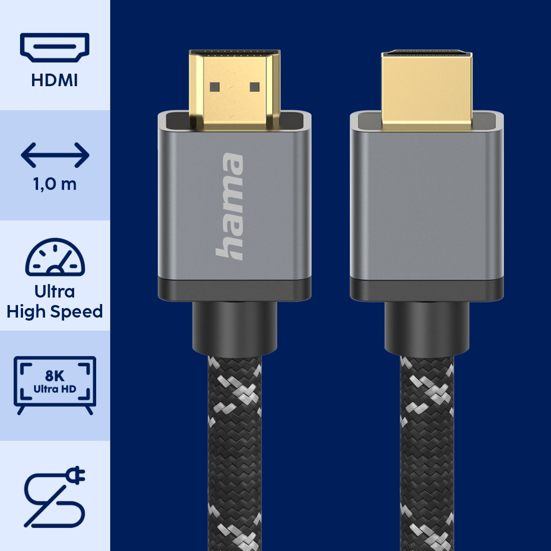 Dwa kable HDMI Hama ze złotymi złączami i czarno-białym plecionym przewodem na niebieskim tle z ikonami.