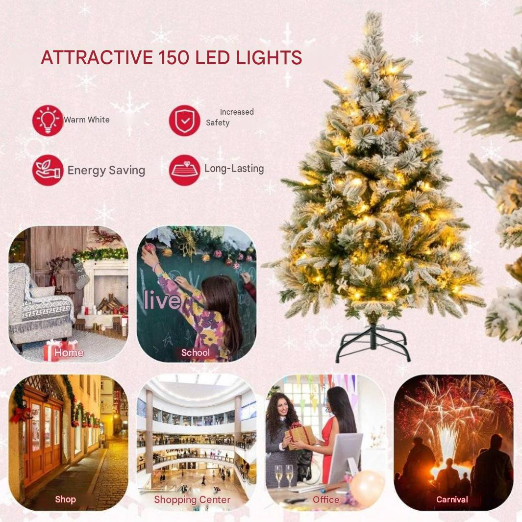 Image promotionnelle d'un sapin de Noël illuminé avec des scènes d'utilisation comme la maison, l'école et le bureau.