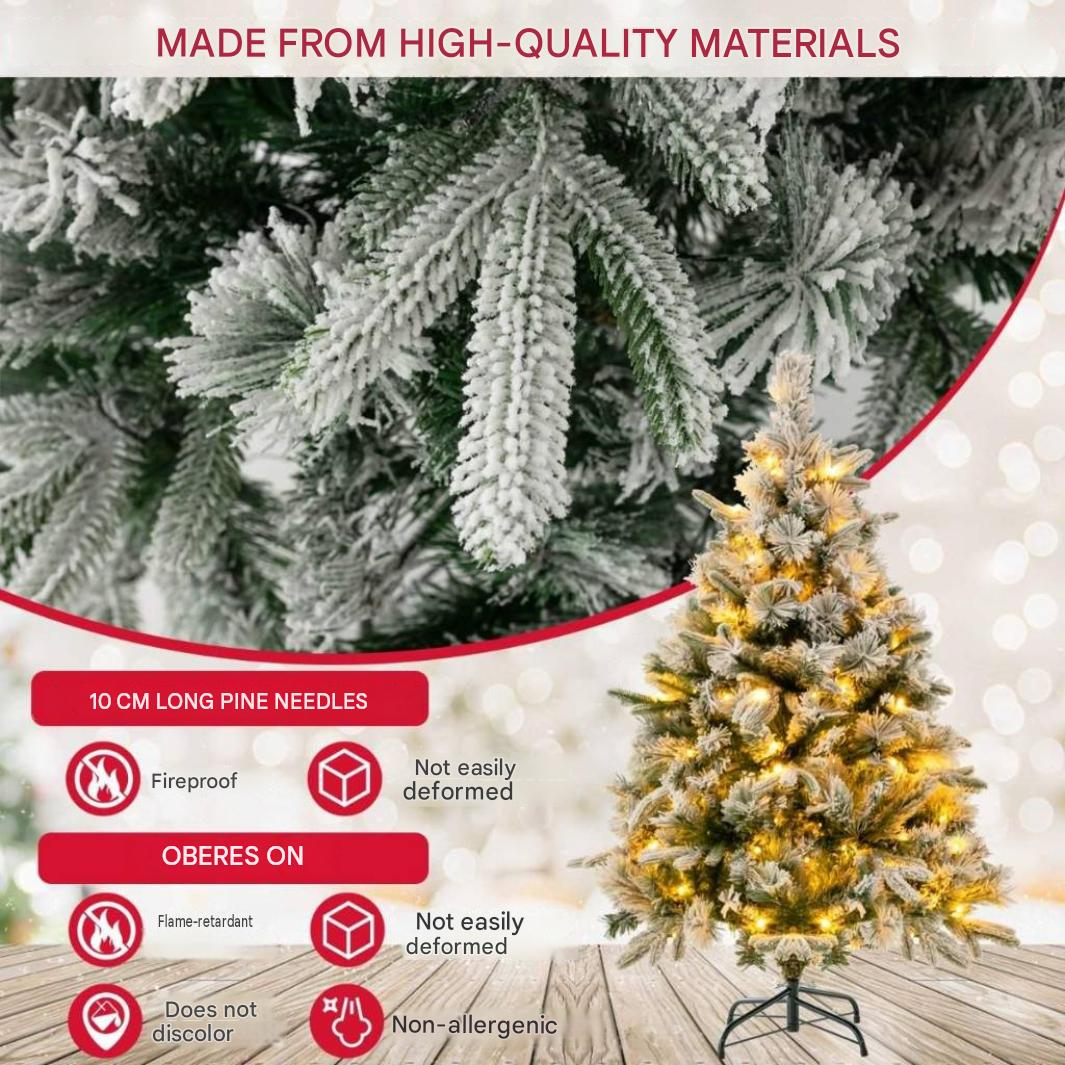 Sapin de Noël artificiel enneigé avec lumières et icônes de caractéristiques.