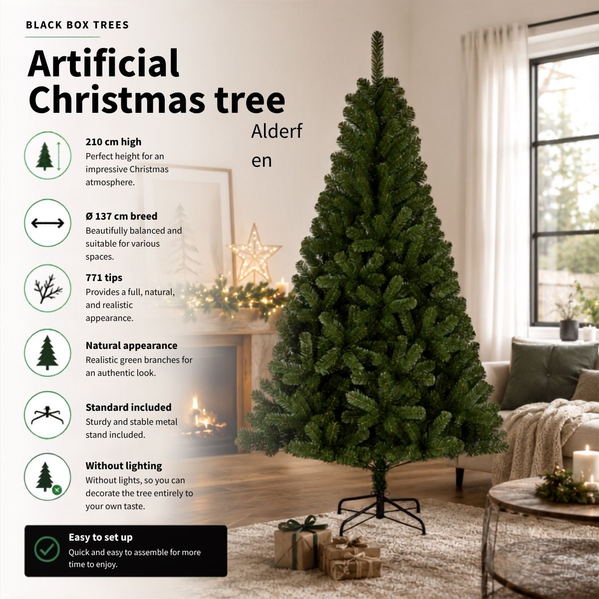 Artificial Christmas tree in a living room with fireplace, gifts, and text overlays detailing product features.