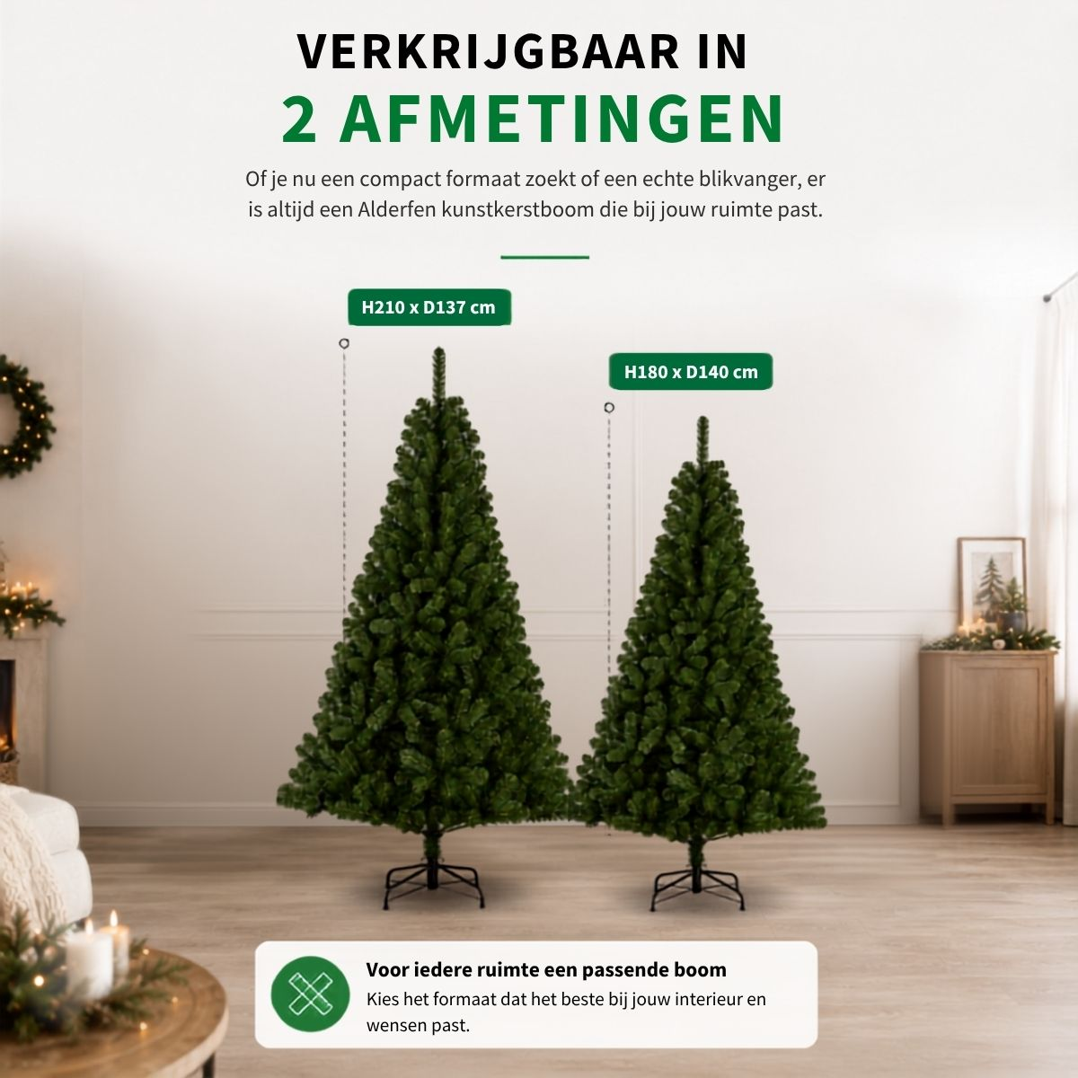 Two artificial Christmas trees in different sizes displayed in a living room.