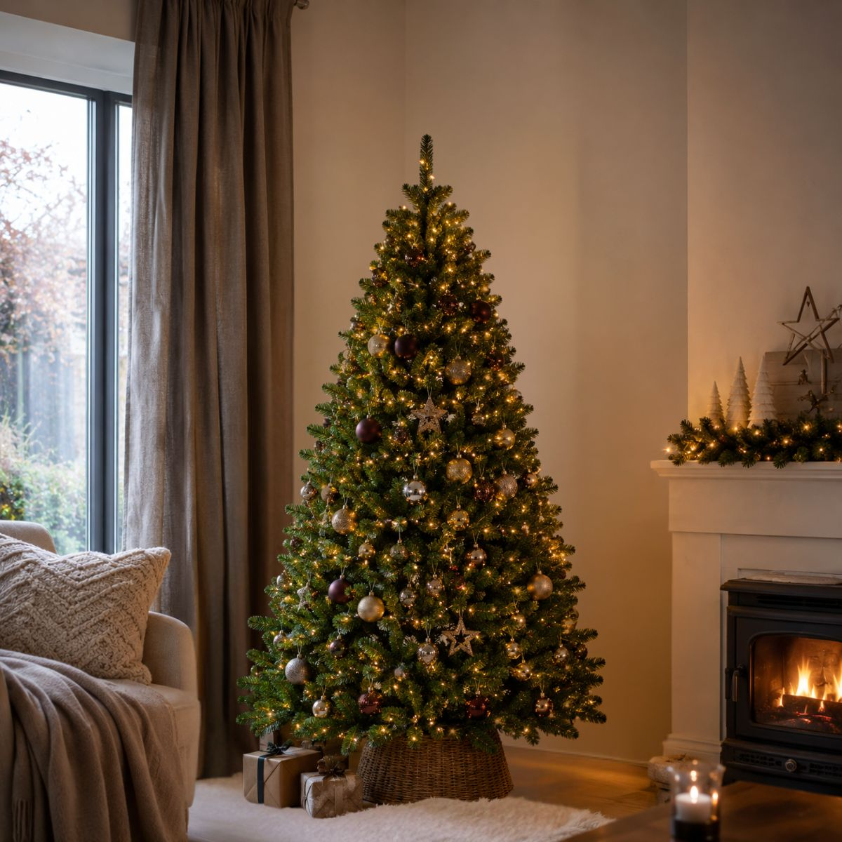 A decorated Christmas tree with lights and baubles stands in a cozy living room next to a fireplace.