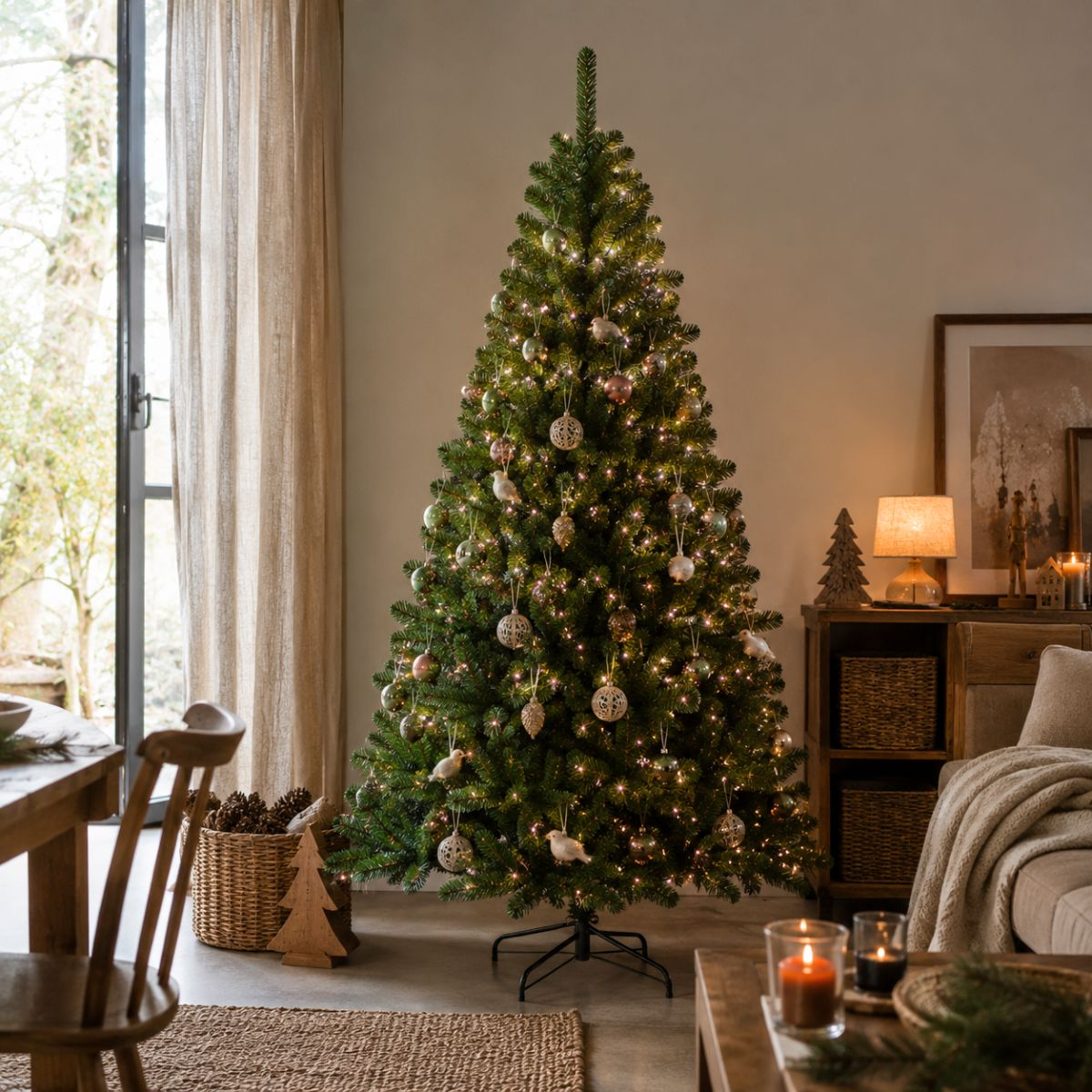 A decorated Christmas tree with lights and ornaments stands in a cozy living room.