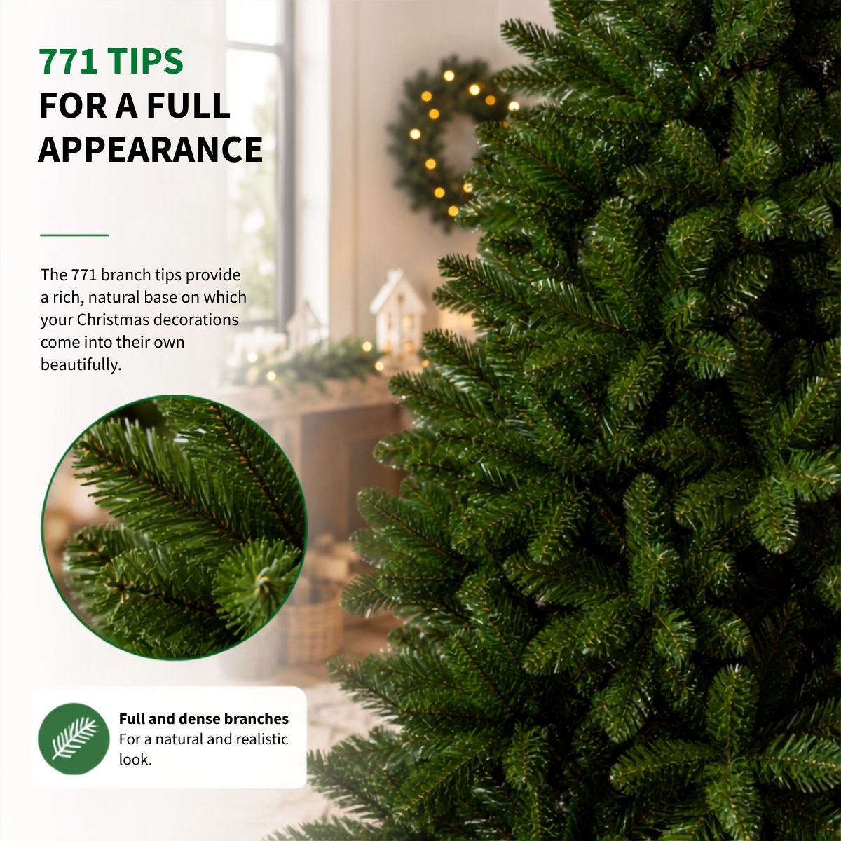 Detailed view of the dense, green branches of an artificial Christmas tree with 771 tips.