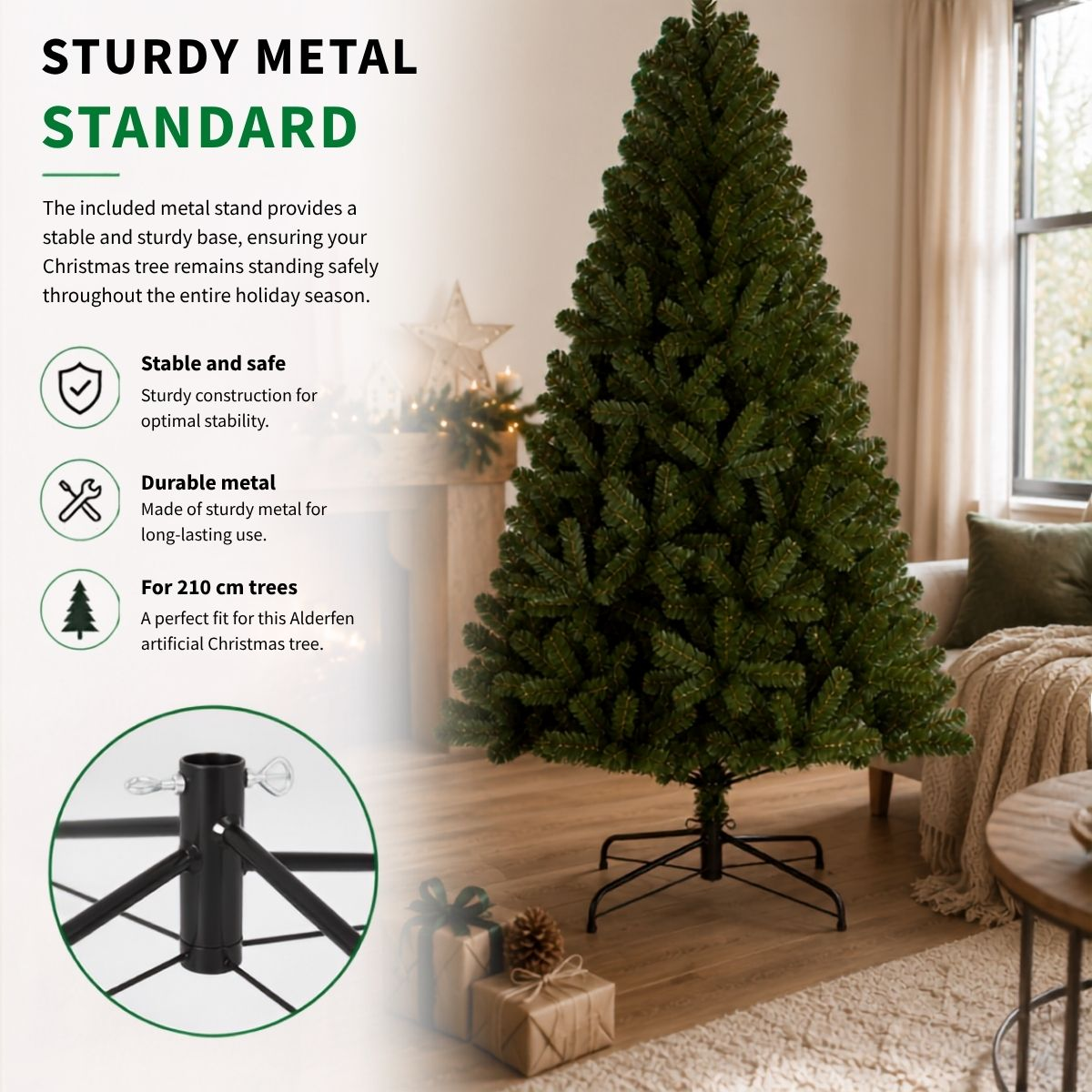 Artificial Christmas tree with a sturdy metal stand in a cozy living room.