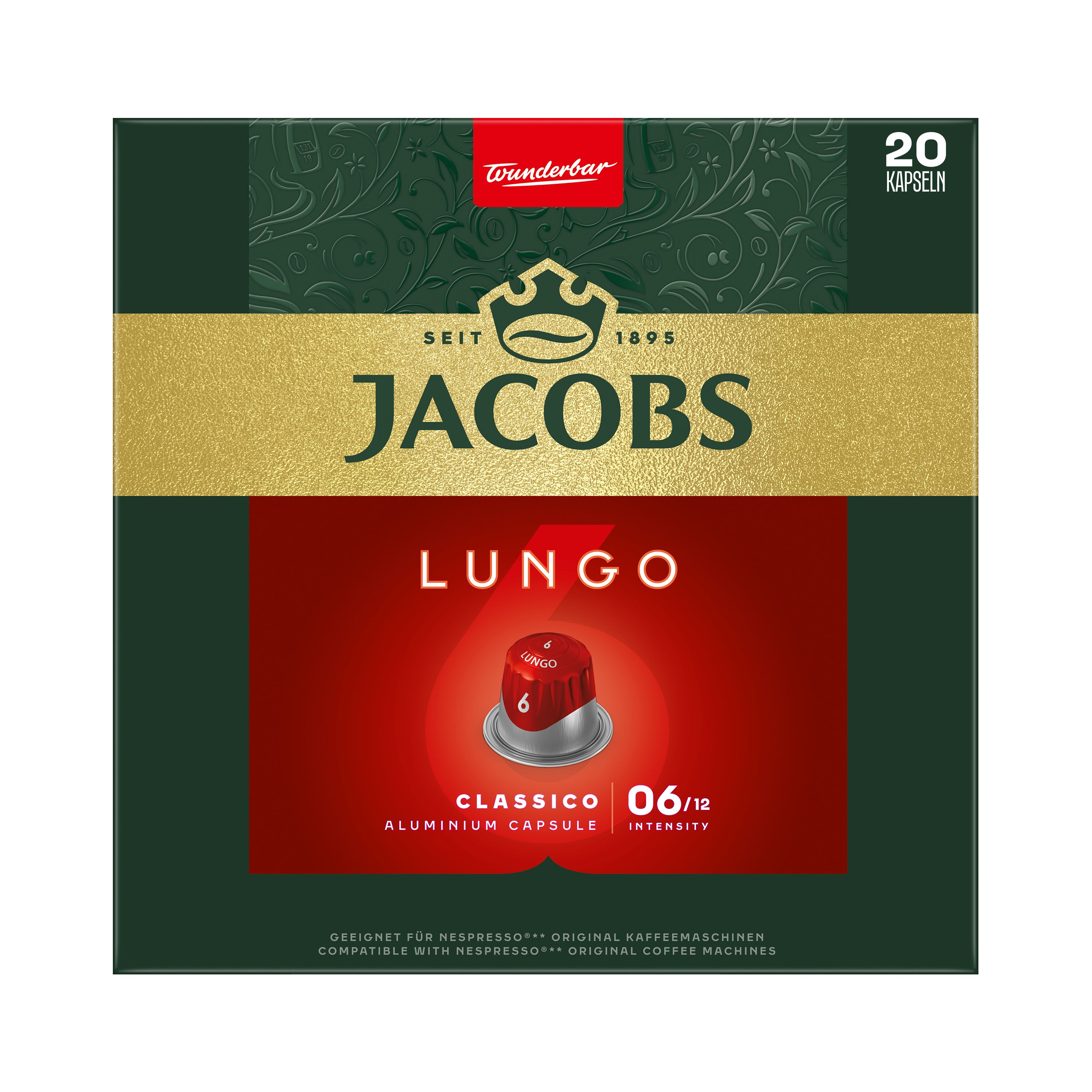 Grüne Jacobs Lungo Classico Kaffeekapselverpackung für 20 Stück mit goldenem Logo und rotem Akzent.