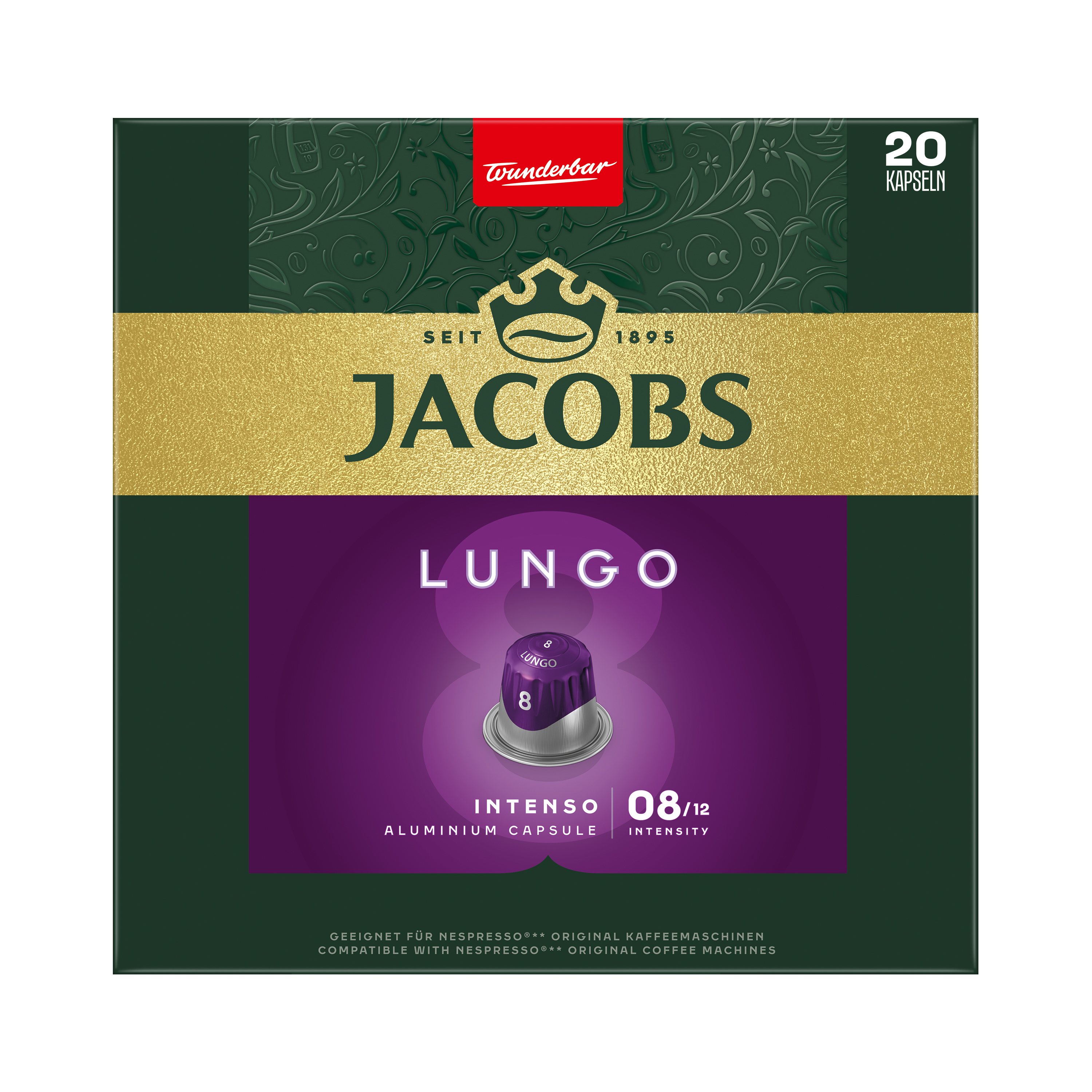 Grüne Jacobs Lungo Intenso Kaffeekapselverpackung für 20 Kapseln mit goldener Schrift und violettem Akzent.