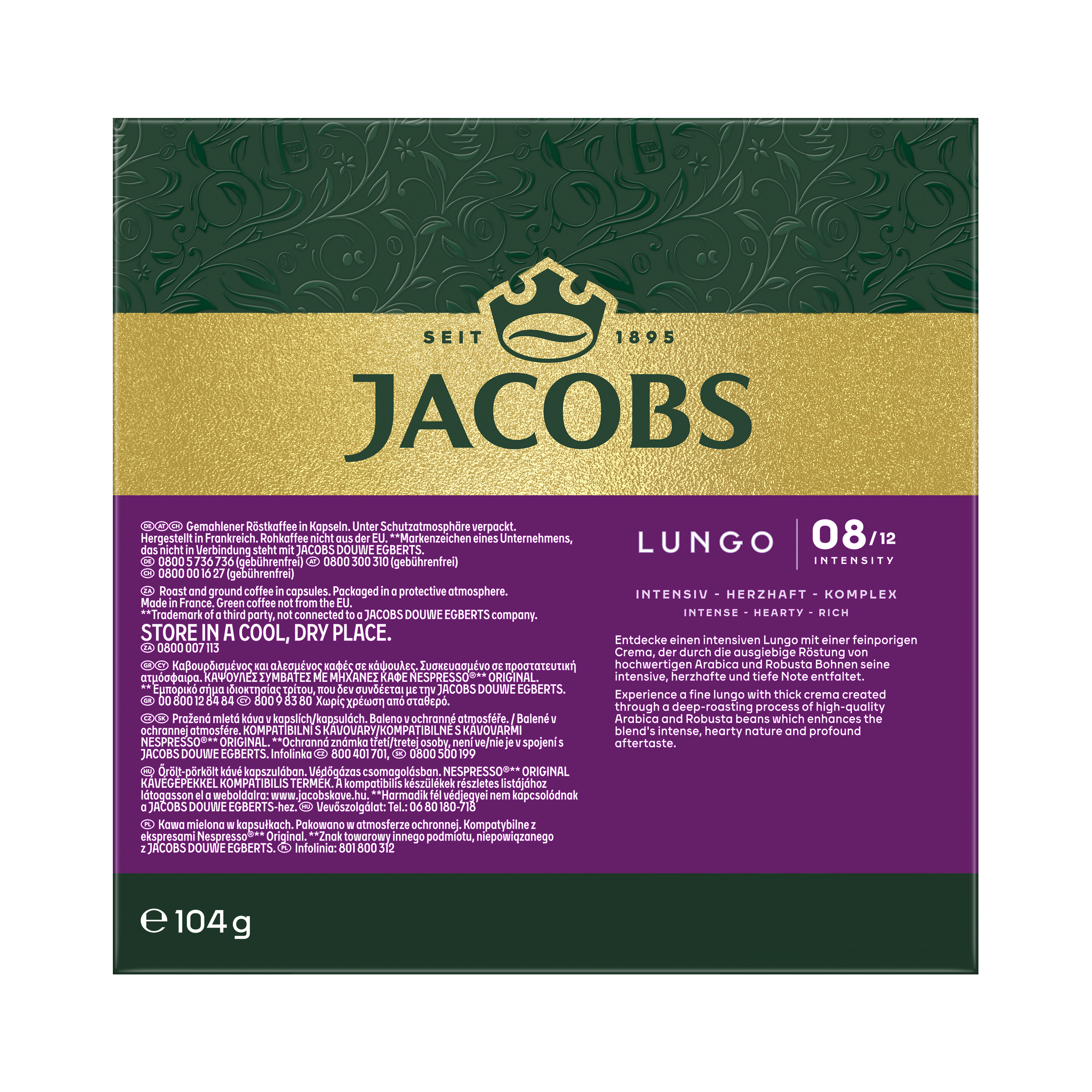 Jacobs Lungo Kaffeeverpackung, dunkelgrün und gold, mit dem Jacobs-Logo und Intensität 8/12 auf einer lila Fläche.