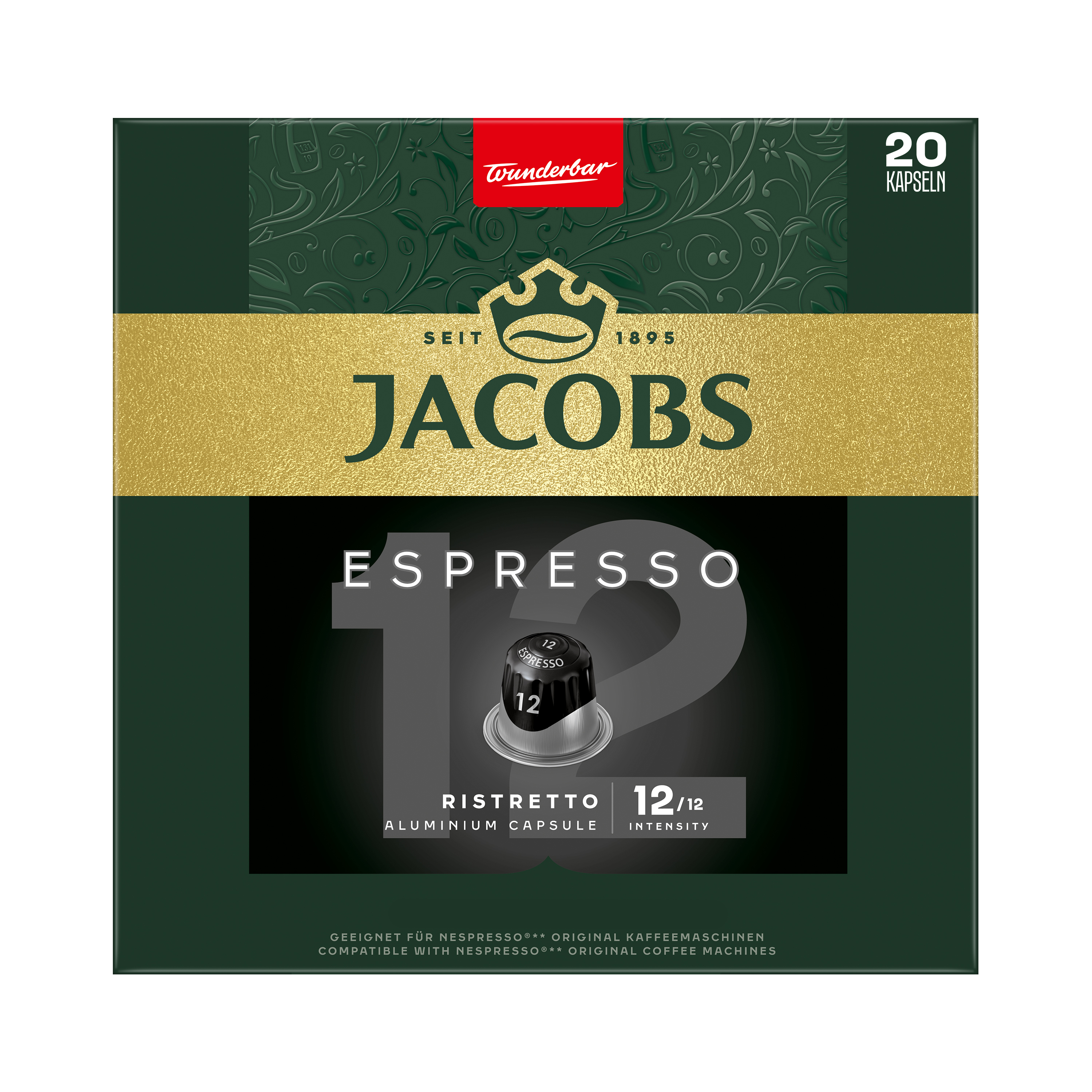 Grüne Jacobs Ristretto 12 Espresso Kaffeekapselverpackung mit goldenen und roten Akzenten.