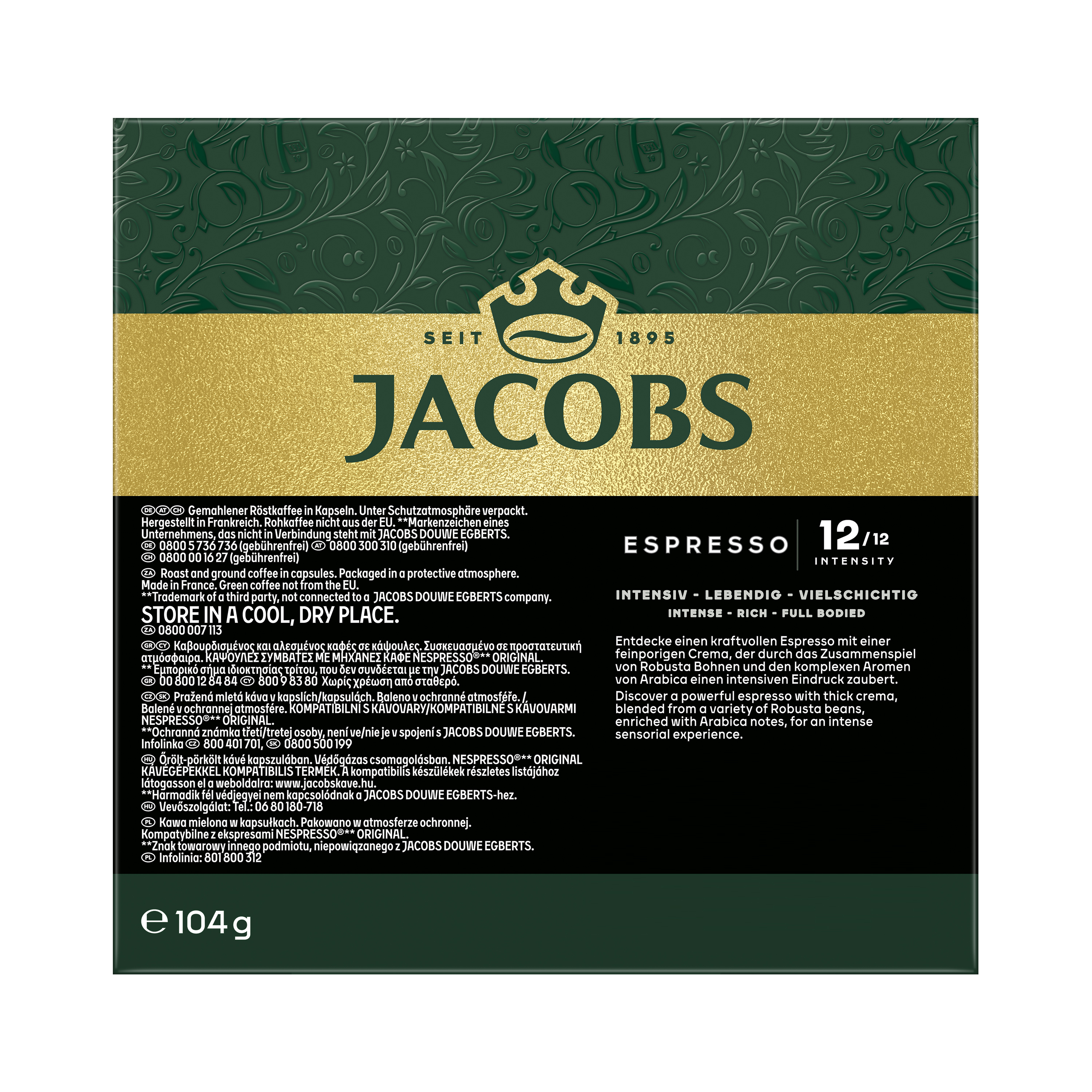 Grüne Jacobs Espresso Kaffeeverpackung mit goldener Aufschrift, Intensität 12/12 und 104g Inhalt.