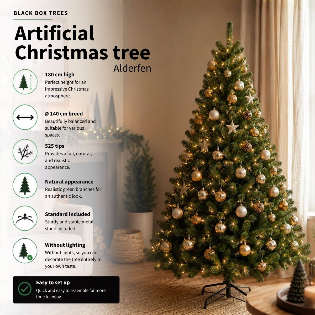 A decorated artificial Christmas tree with golden ornaments and lights in a bright living room.