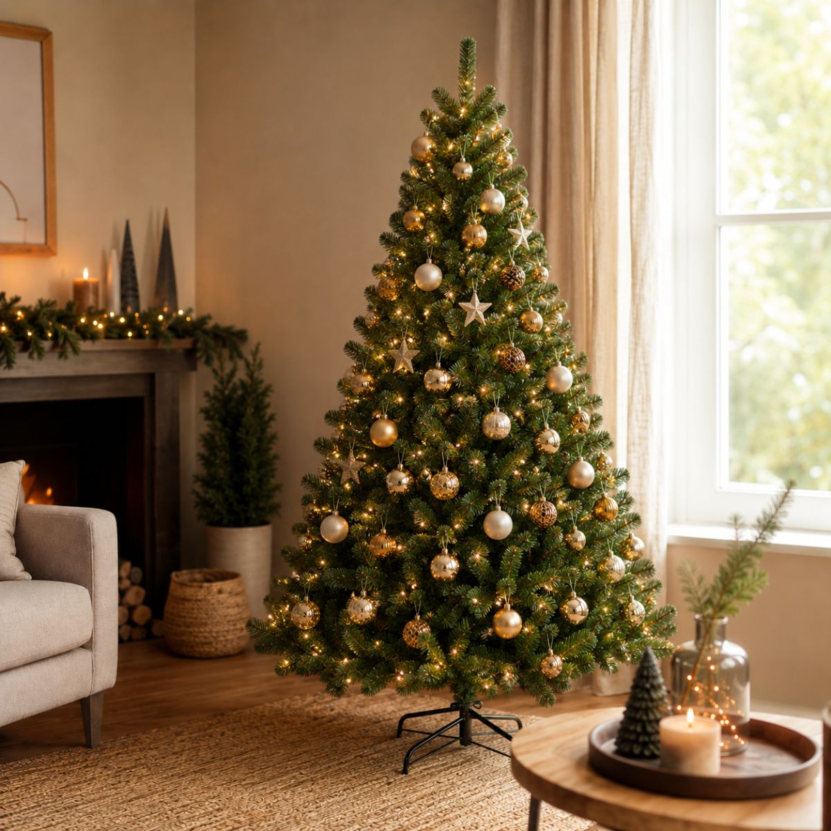 A decorated Christmas tree with lights and ornaments stands in a living room next to a window and fireplace.