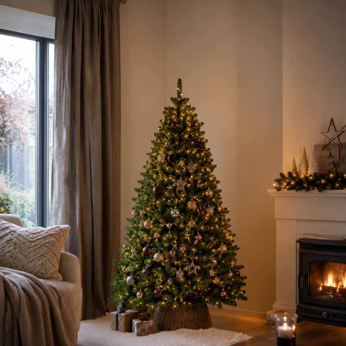 A lit Christmas tree stands in a cozy living room with a fireplace and armchair.