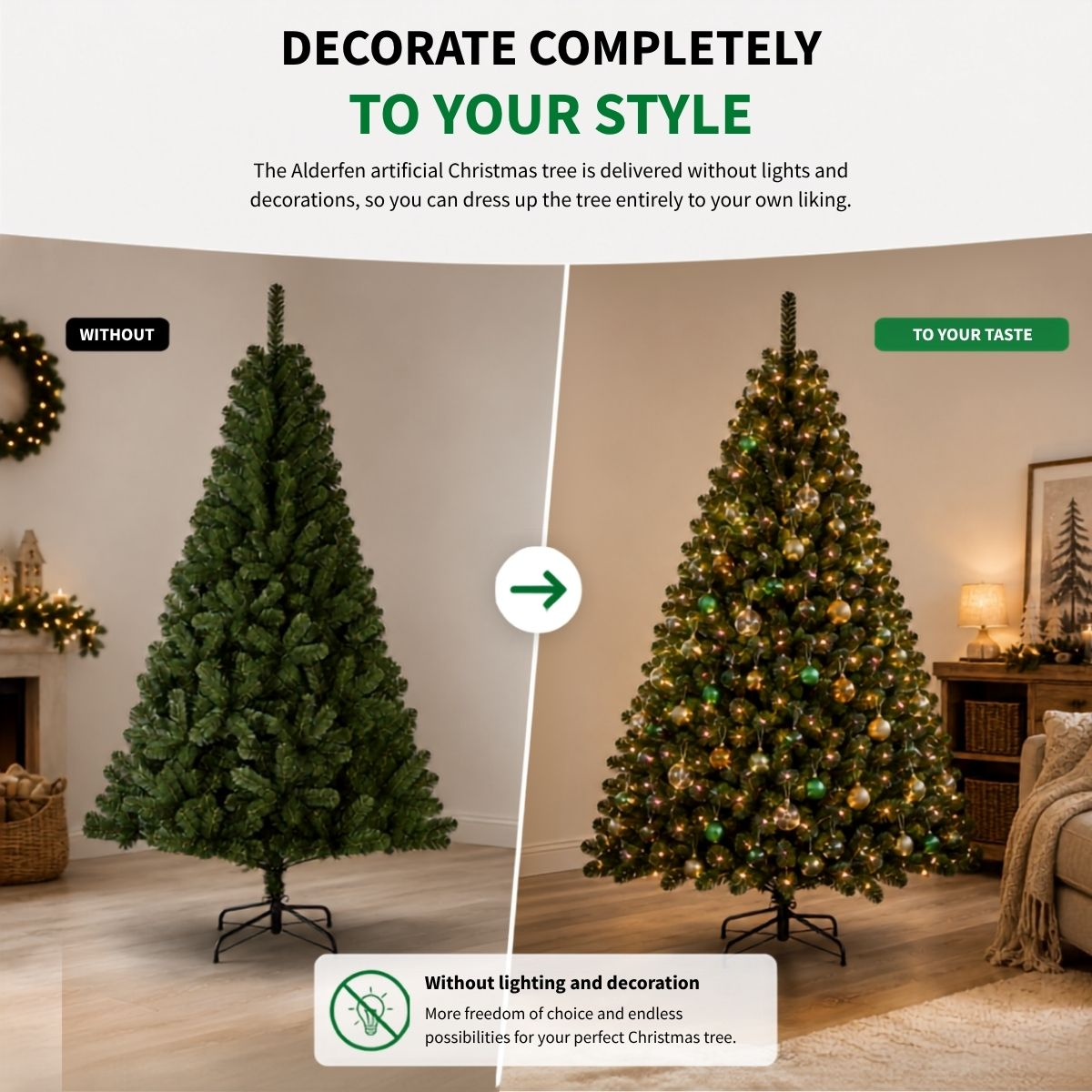 Comparison of a bare artificial Christmas tree and a decorated one.