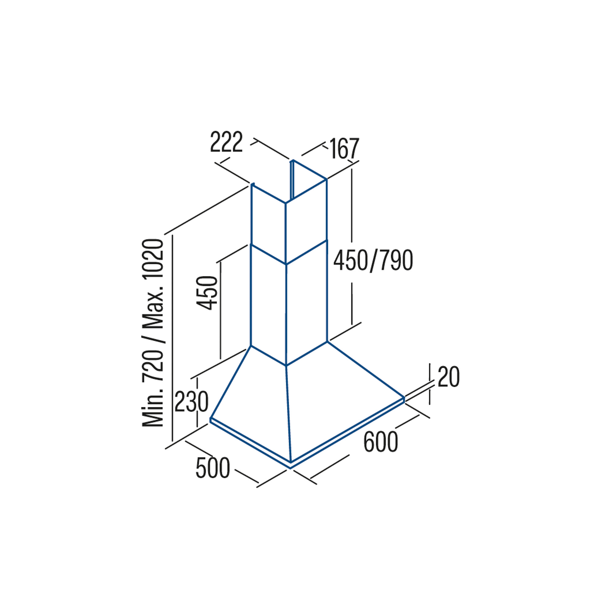 Disegno tecnico di una cappa da cucina con dimensioni in millimetri su sfondo bianco.