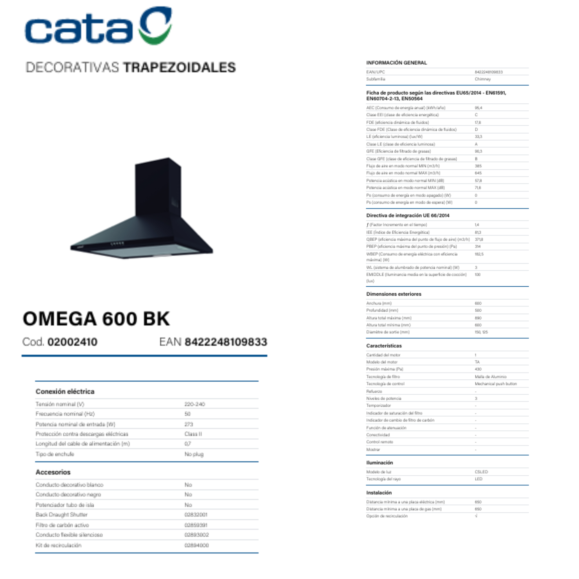 Scheda tecnica della cappa aspirante decorativa trapezoidale nera Cata OMEGA 600 BK con tabelle di dati tecnici.