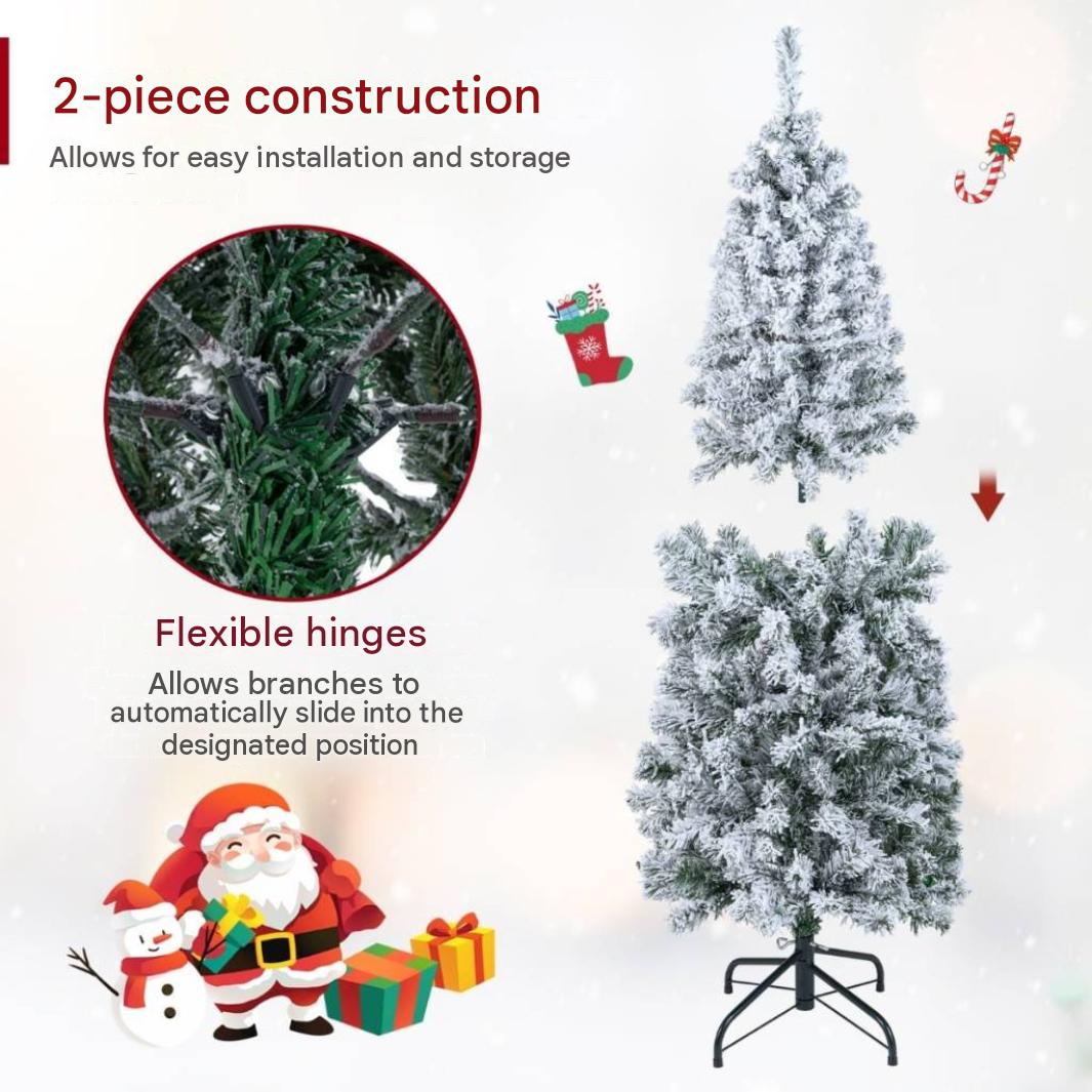 Arbre de Noël artificiel floqué en 2 parties avec charnières flexibles et illustration du Père Noël.