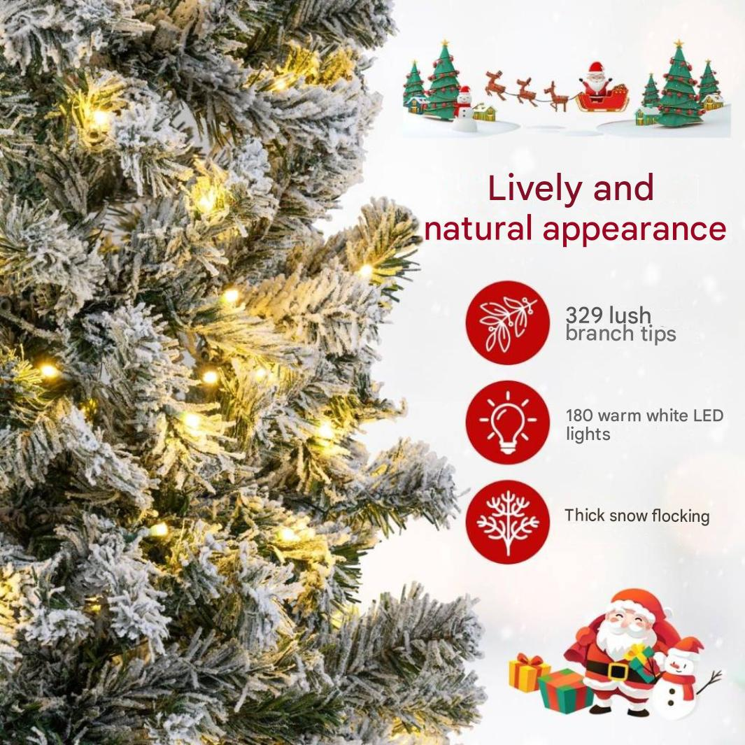 Sapin de Noël enneigé avec lumières LED blanc chaud et texte du produit.