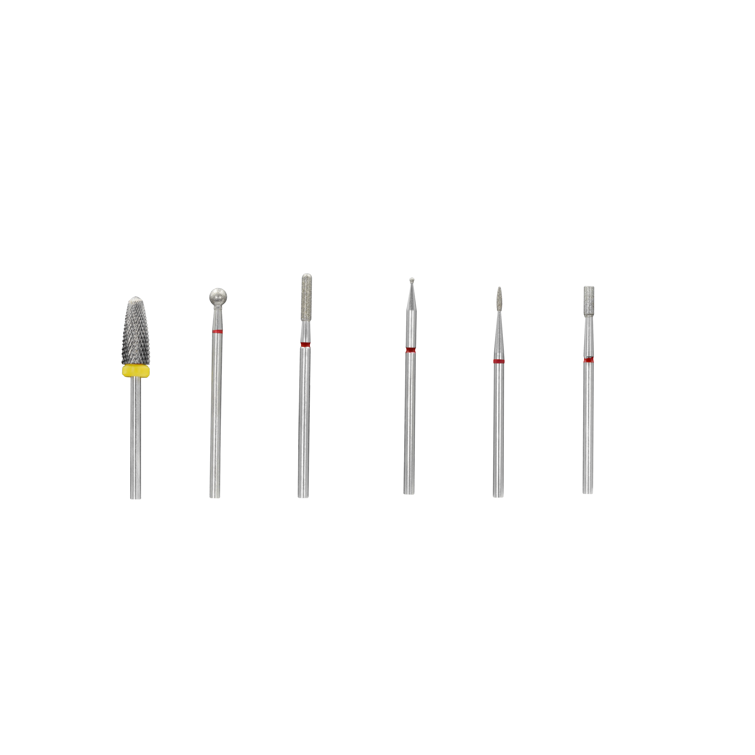 Seis brocas de metal para uñas con diferentes formas y puntas, en fila sobre fondo blanco.