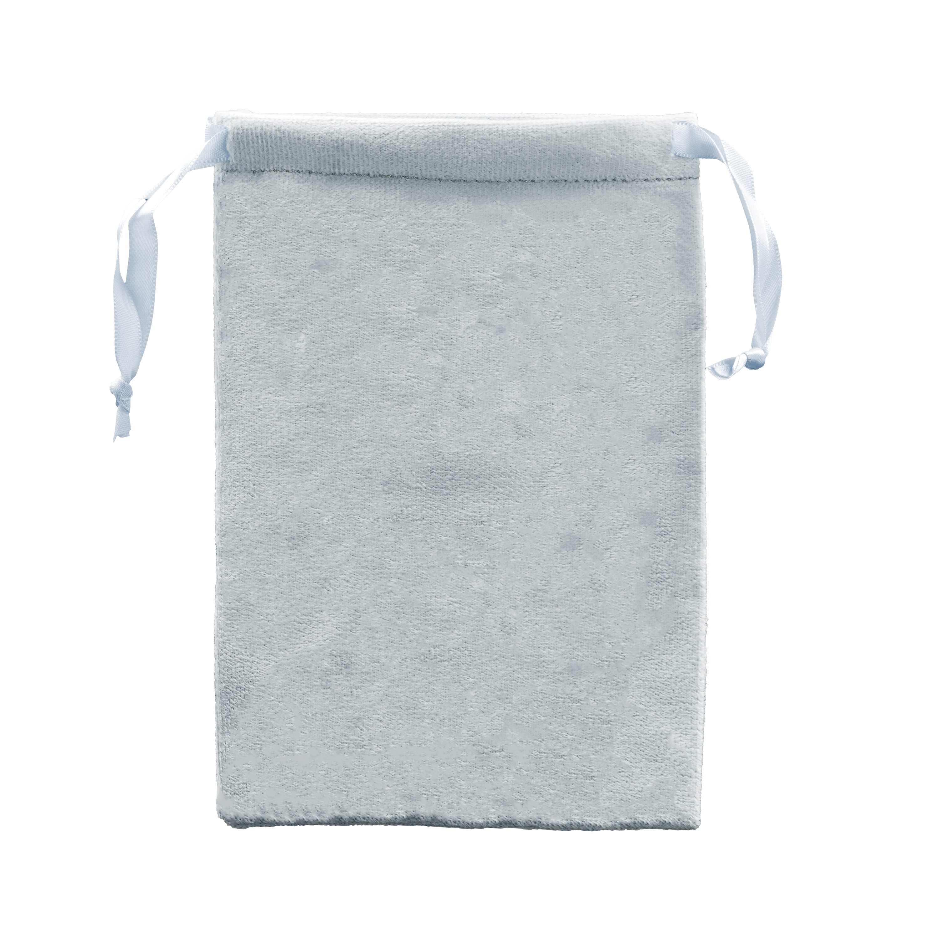 Una bolsa de terciopelo azul claro con cordón y cintas de satén sobre fondo blanco.