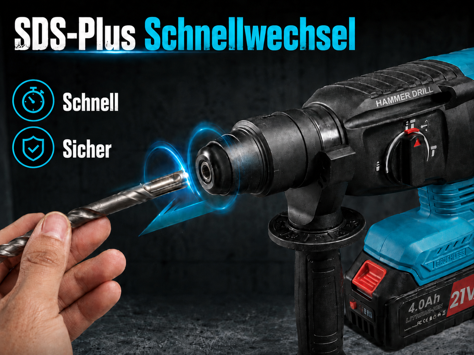 Eine Hand setzt einen Bohrer in einen blau-schwarzen Akku-Bohrhammer ein, mit deutschem Text und Symbolen links.