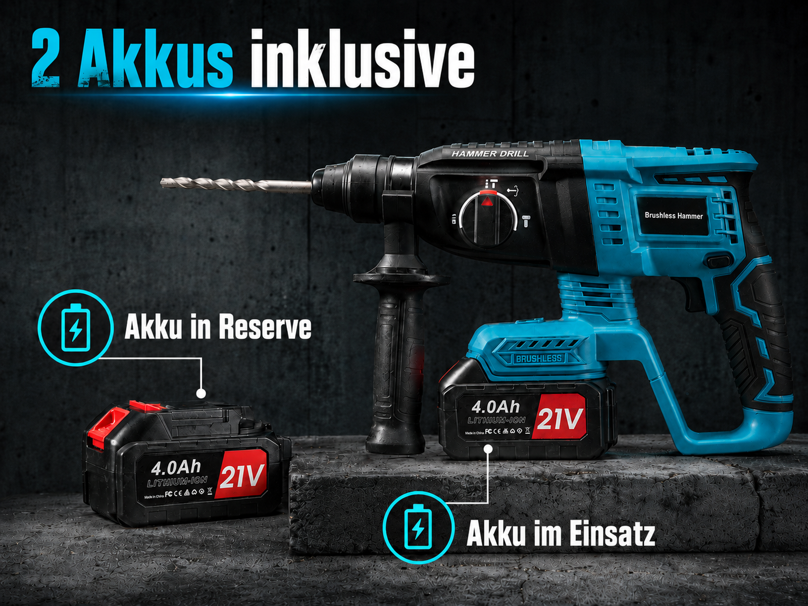 Eine blau-schwarze Akku-Bohrhammer mit zwei 21V 4.0Ah Lithium-Ionen-Akkus auf dunkler Oberfläche.