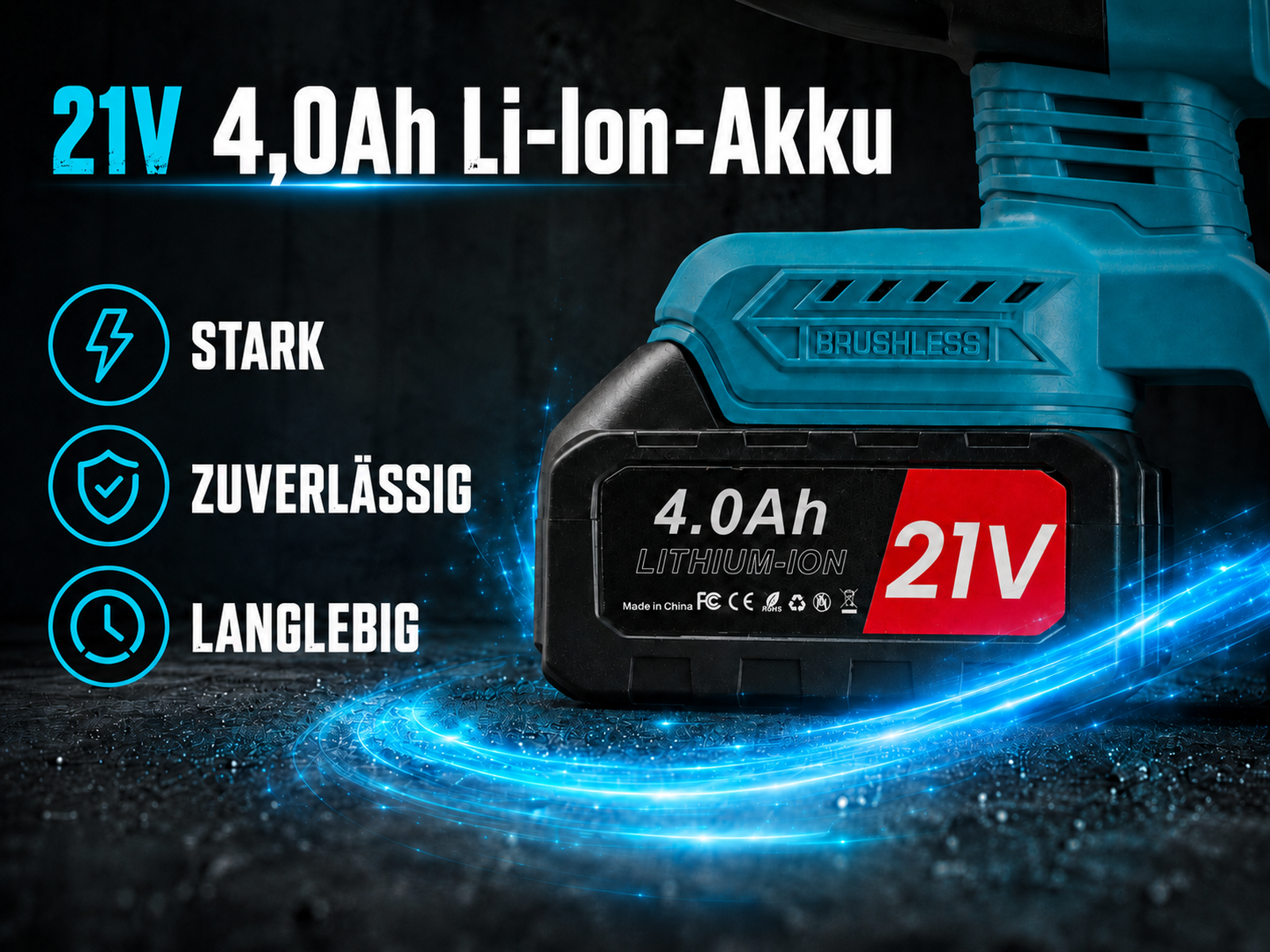 Türkis-schwarzer 21V Li-Ion Akku mit 4.0Ah, umgeben von blauen Lichteffekten und Text.
