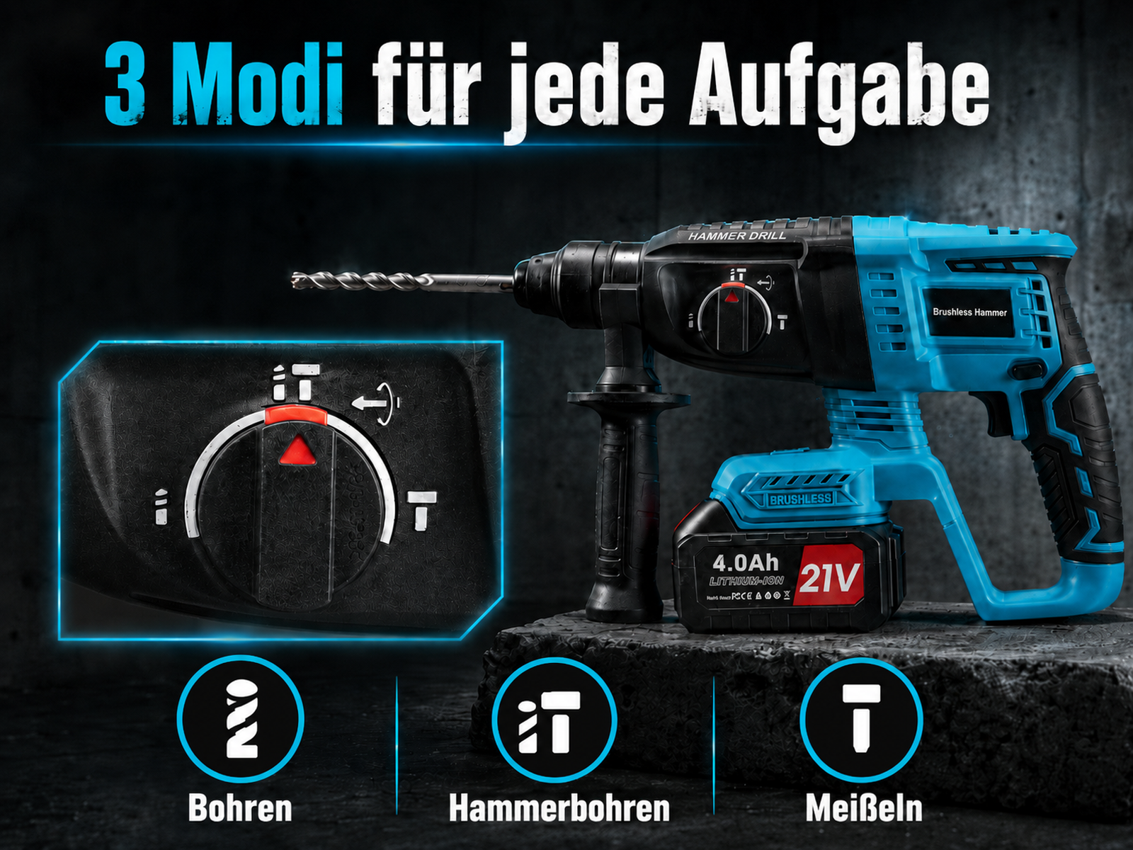 Ein blauer und schwarzer Akku-Bohrhammer mit drei Modi: Bohren, Hammerbohren und Meißeln, vor dunklem Hintergrund.
