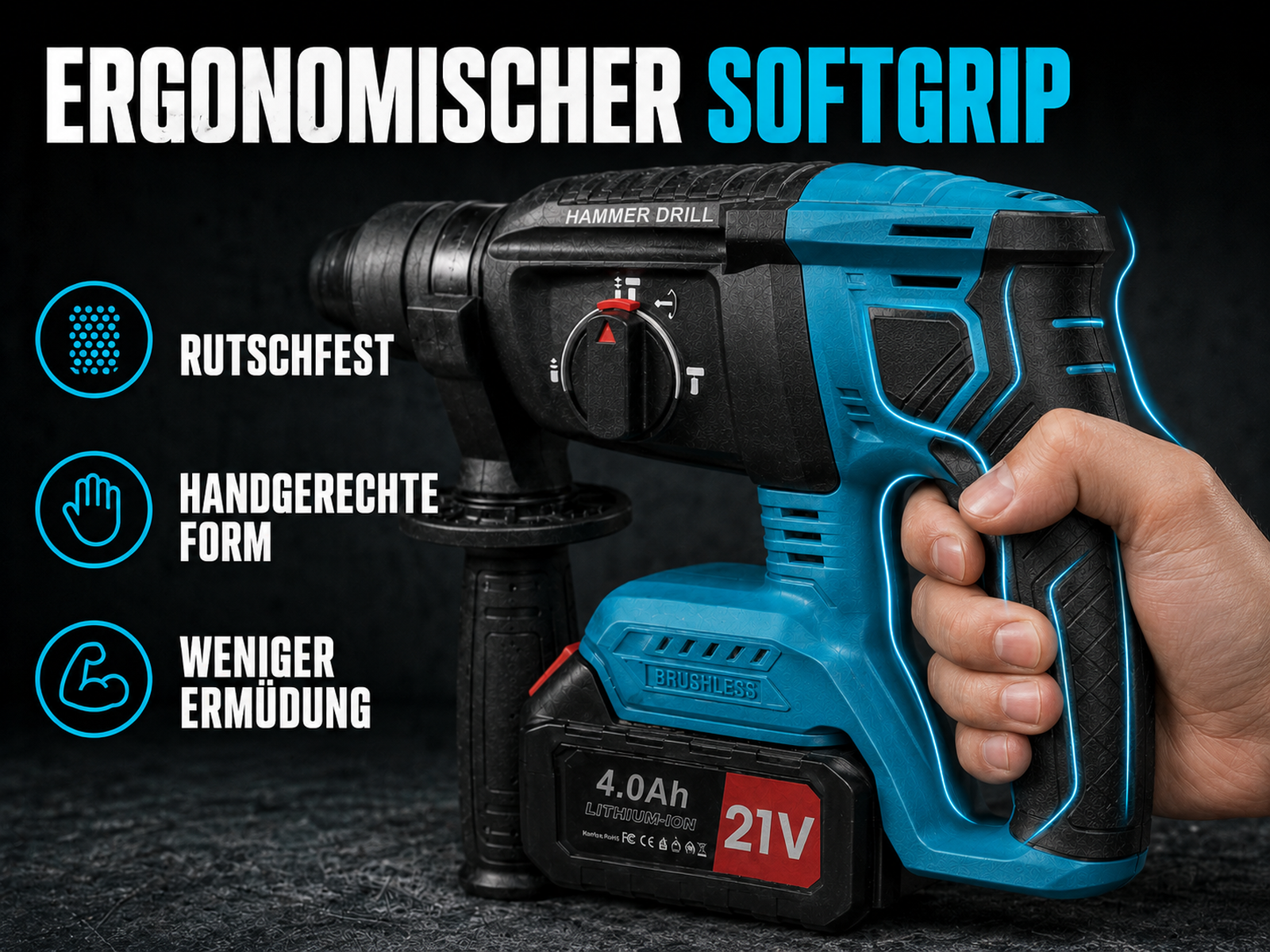 Eine Hand hält einen blau-schwarzen Akku-Bohrhammer mit Textoverlay, das den ergonomischen Softgrip hervorhebt.