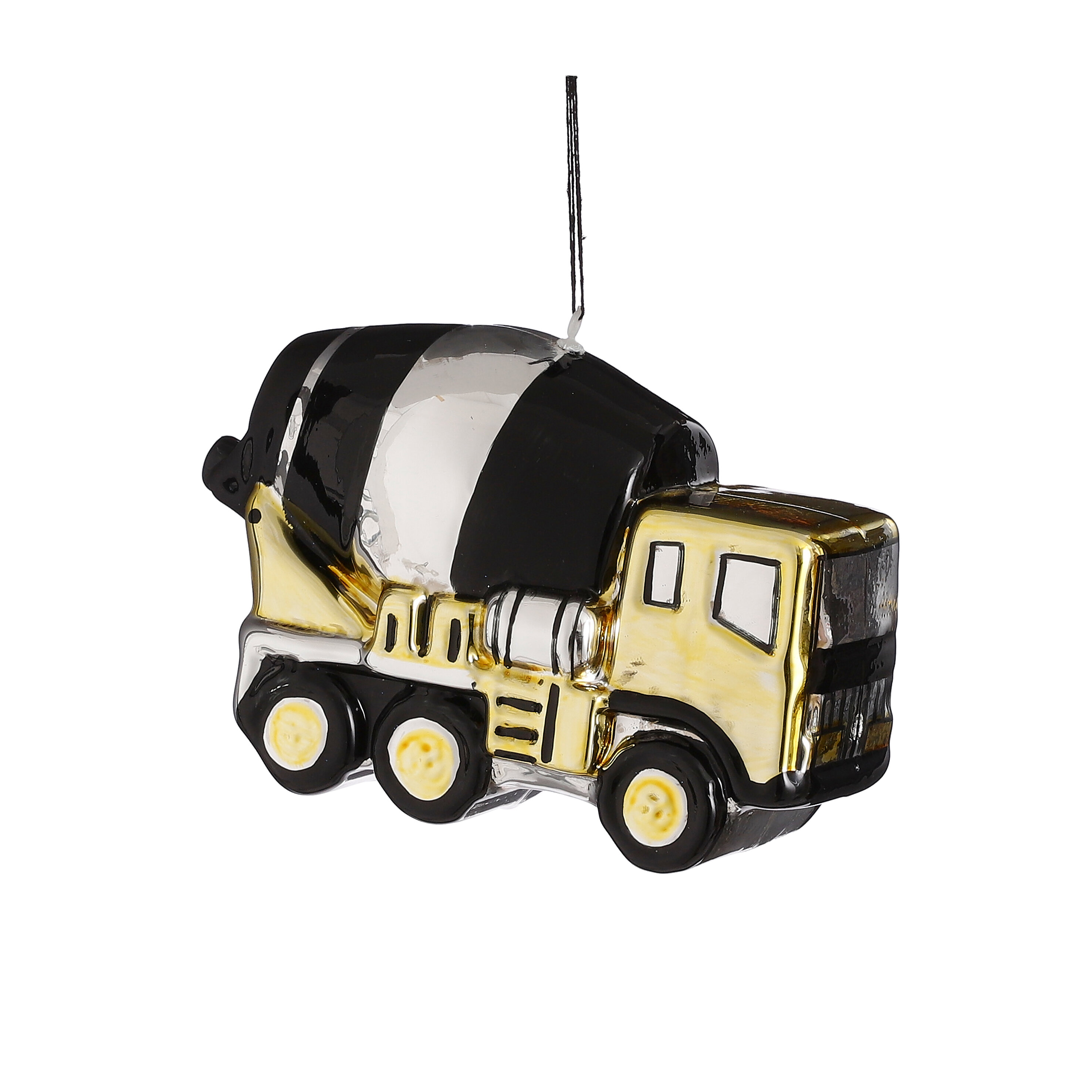 Een glimmende zwart-gouden betonmixer kerstbal hangend aan een touwtje tegen een witte achtergrond.