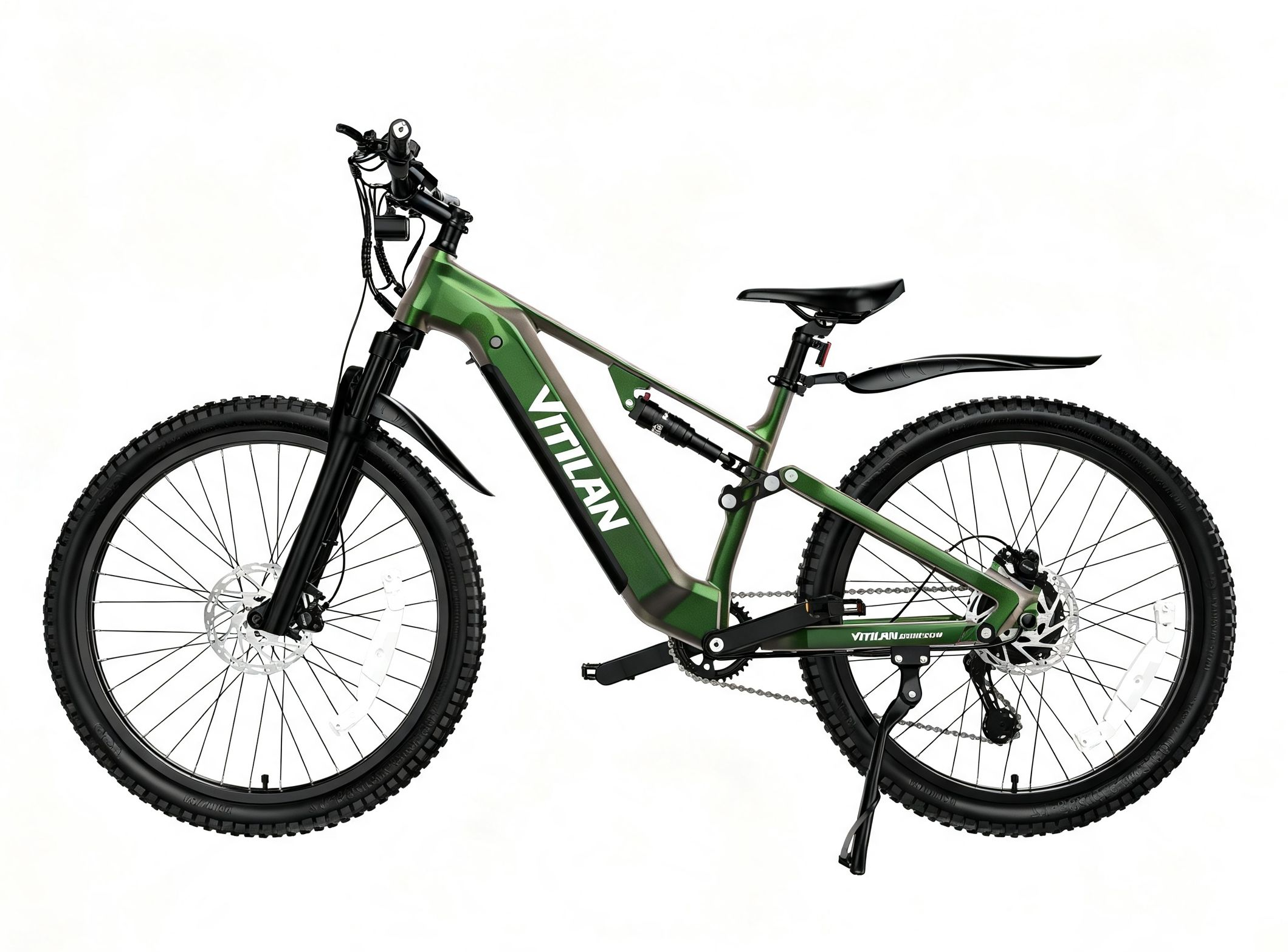 Bicicleta de montaña eléctrica Vitilan verde con sillín negro, suspensión y pata de cabra.