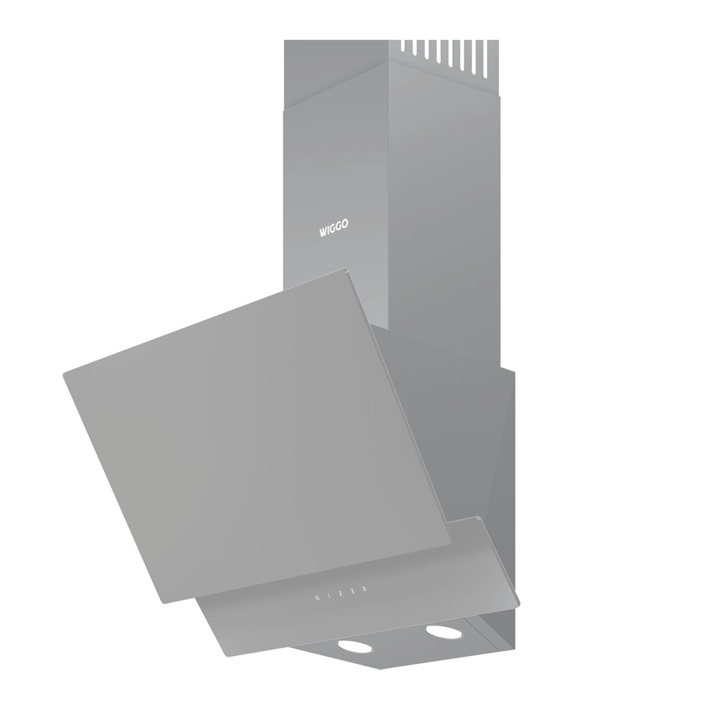Modern grey cooker hood with angled glass and lighting against a white background.
