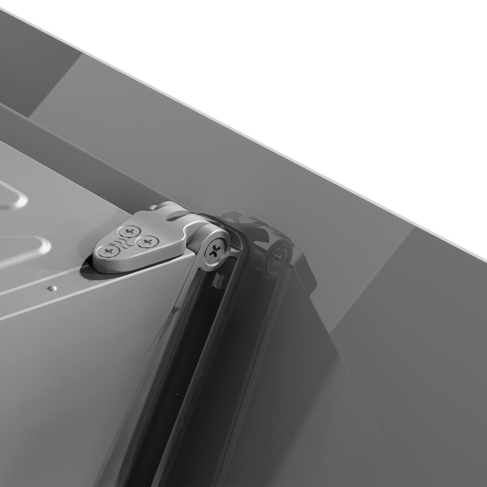 Close-up of a silver hinge on a metal door with screws against a white background.