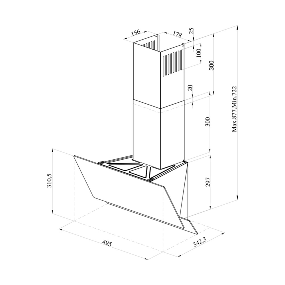 Technical drawing of a cooker hood with dimensions in mm.