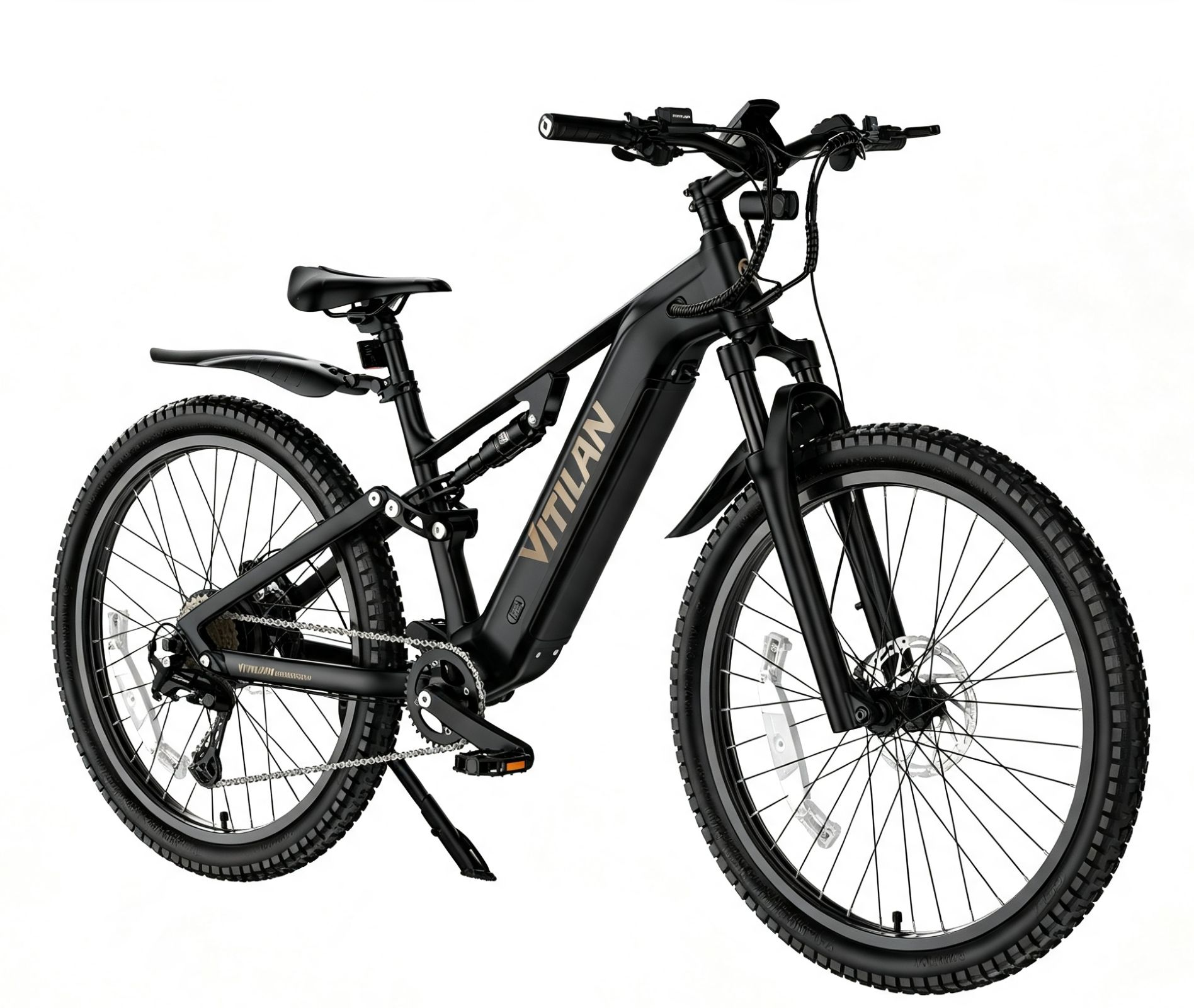 Una bicicleta eléctrica de montaña Vitilan negra sobre fondo blanco.