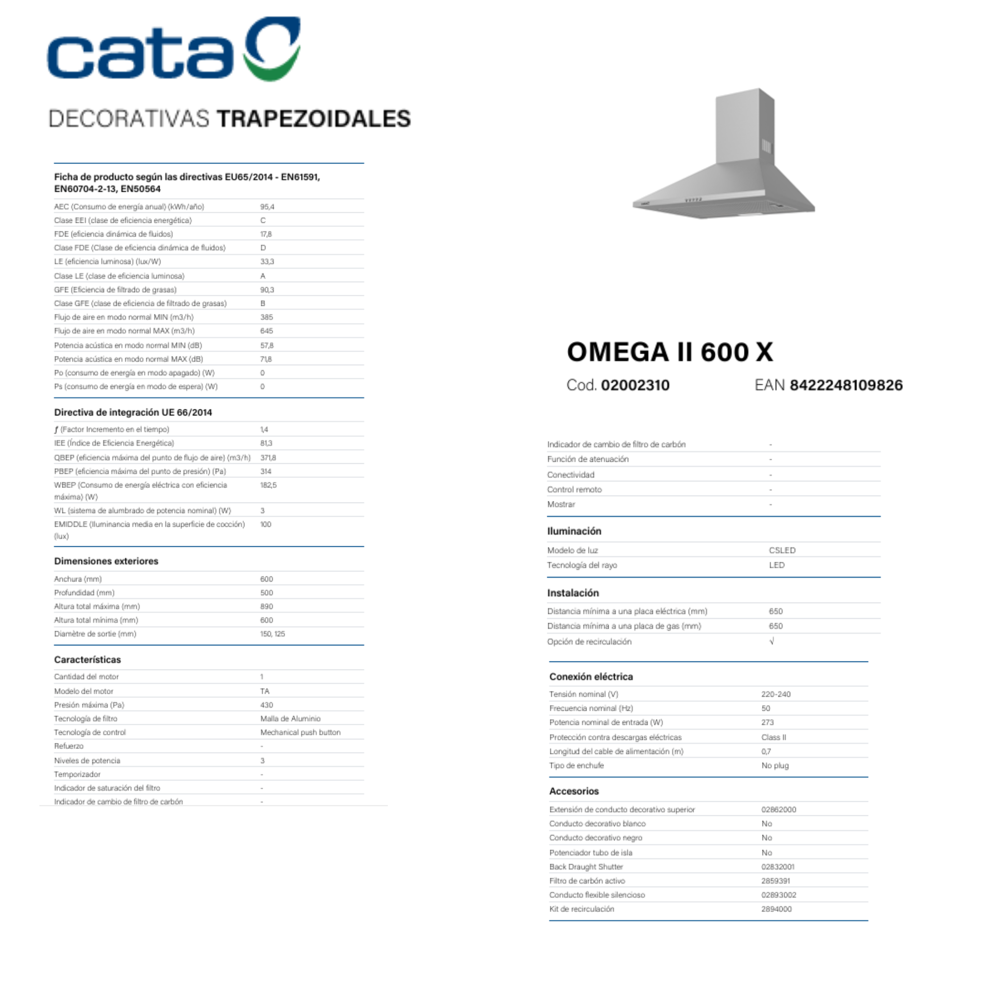 Scheda tecnica della cappa aspirante Cata Omega II 600 X con dati tecnici e immagine.