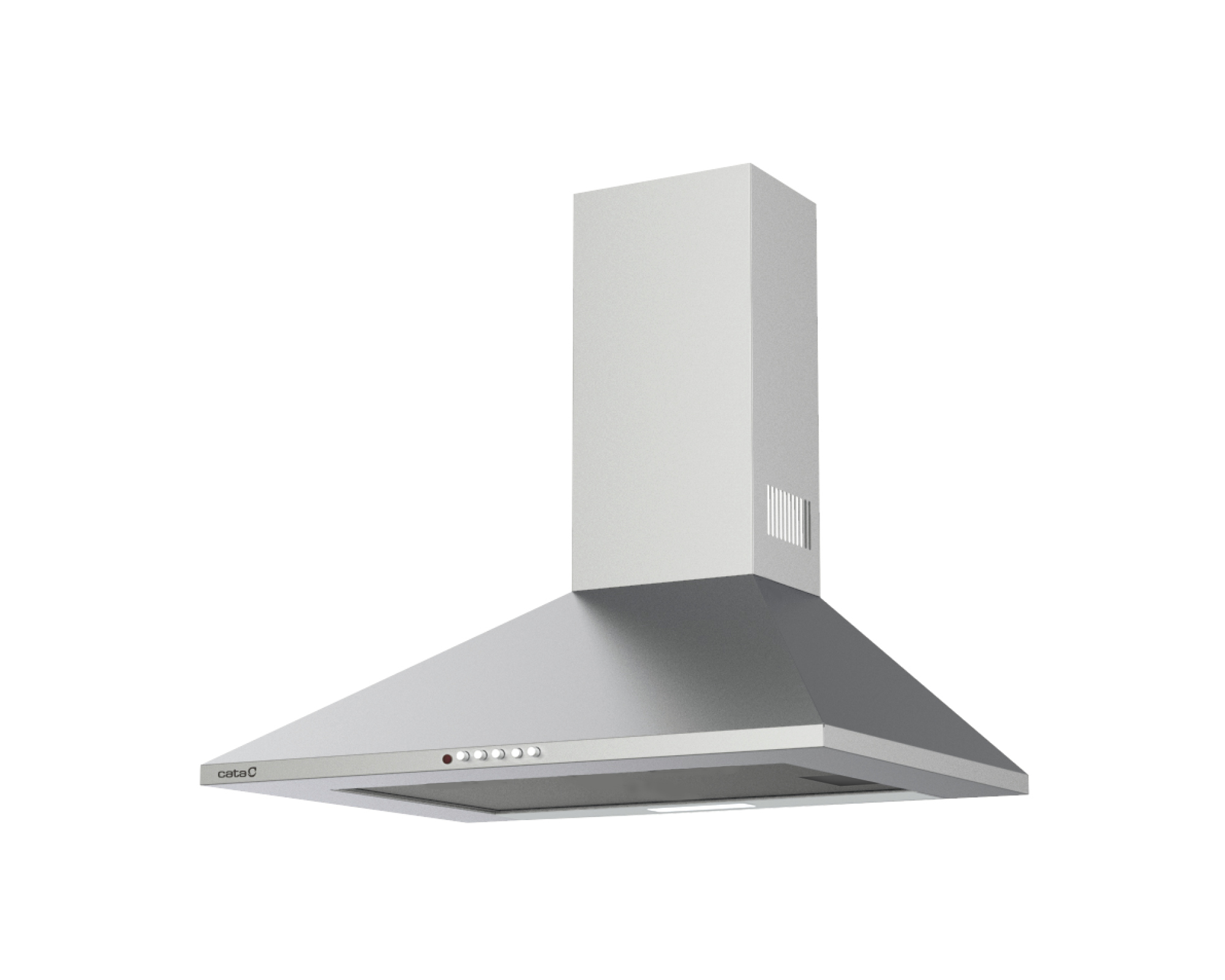 Una campana extractora de pared plateada con acabado de acero inoxidable y botones.