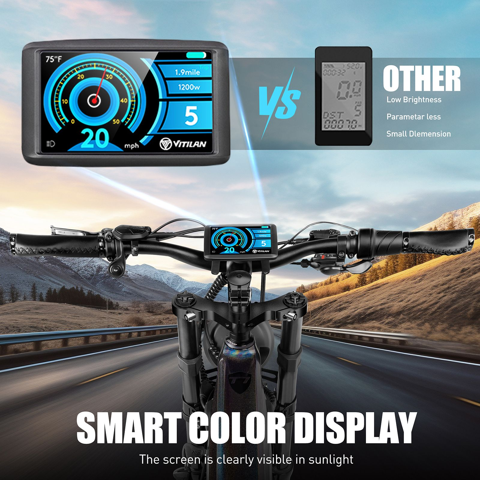 Manillar de e-bike con una pantalla a color inteligente azul brillante frente a otra opaca.