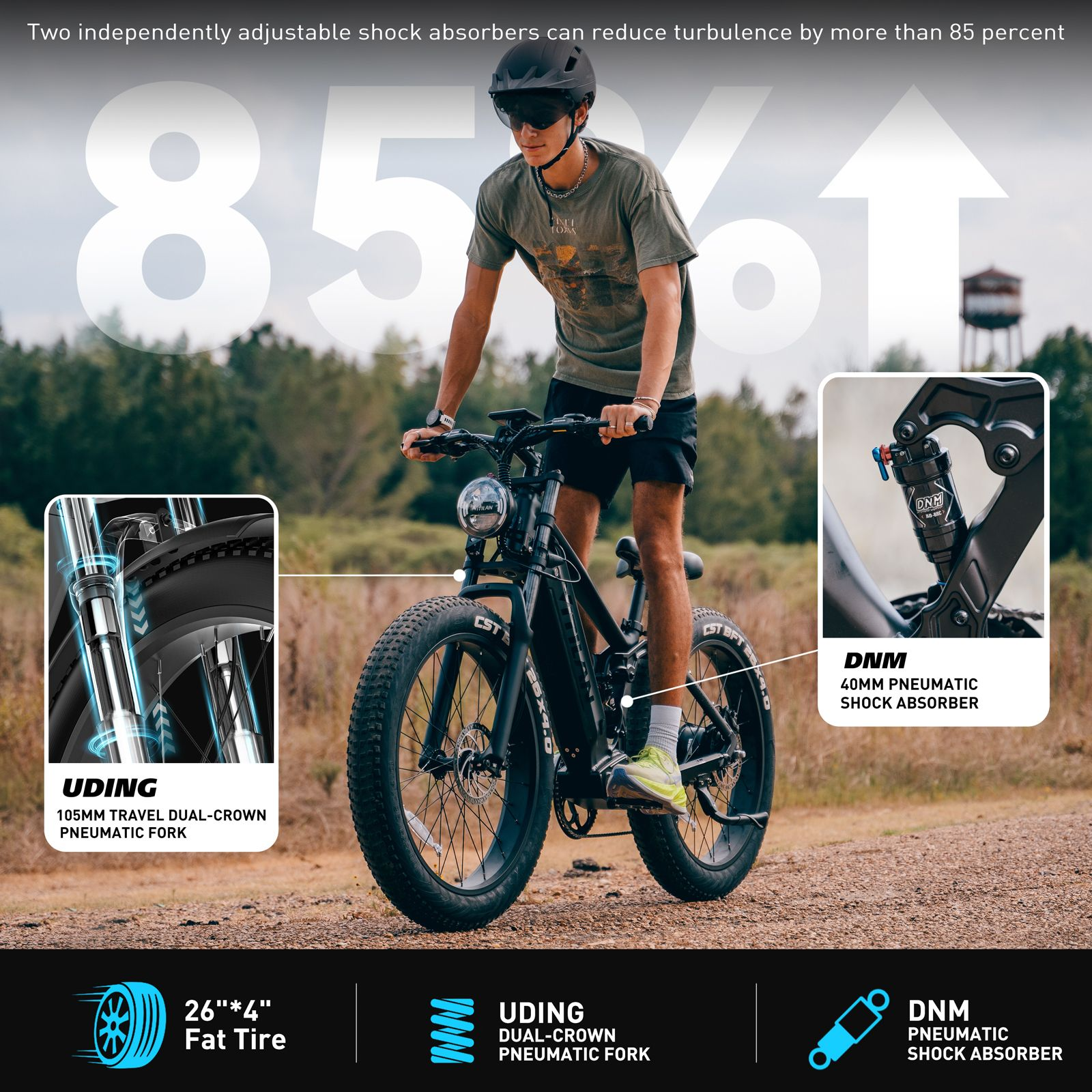 Un hombre monta una e-bike negra con neumáticos gruesos y amortiguadores.