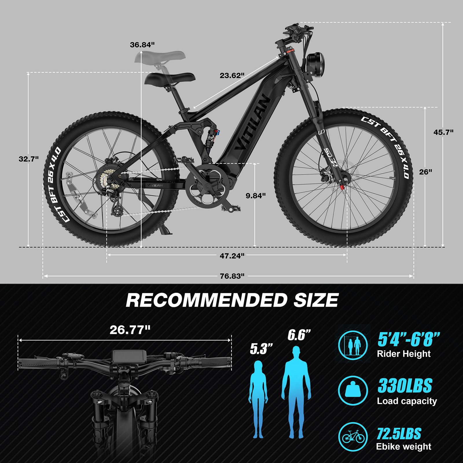 Bicicleta eléctrica negra con medidas técnicas, altura del ciclista y capacidad.