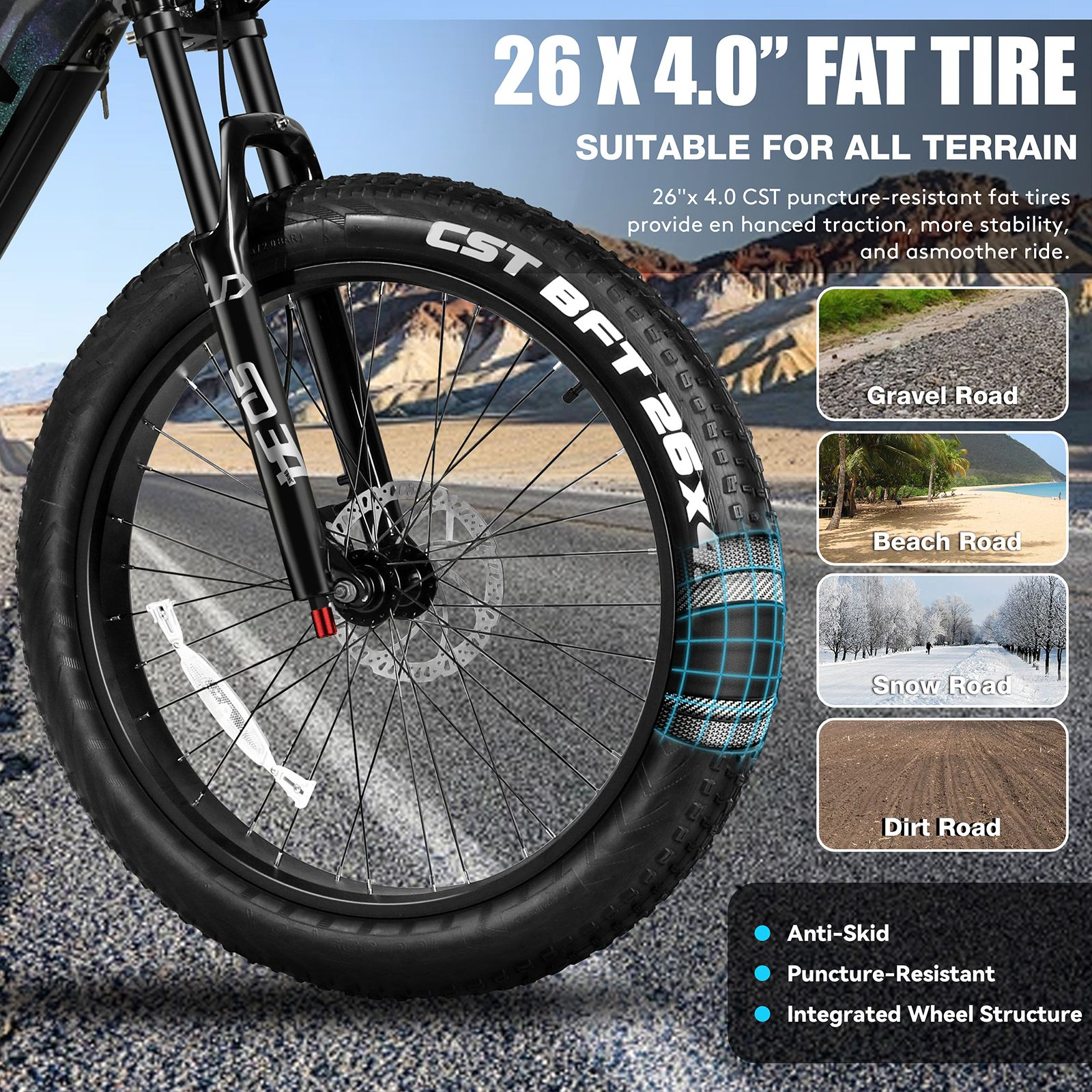 Un neumático ancho de bicicleta en fondo todoterreno con cuatro imágenes de grava, playa, nieve y caminos de tierra.