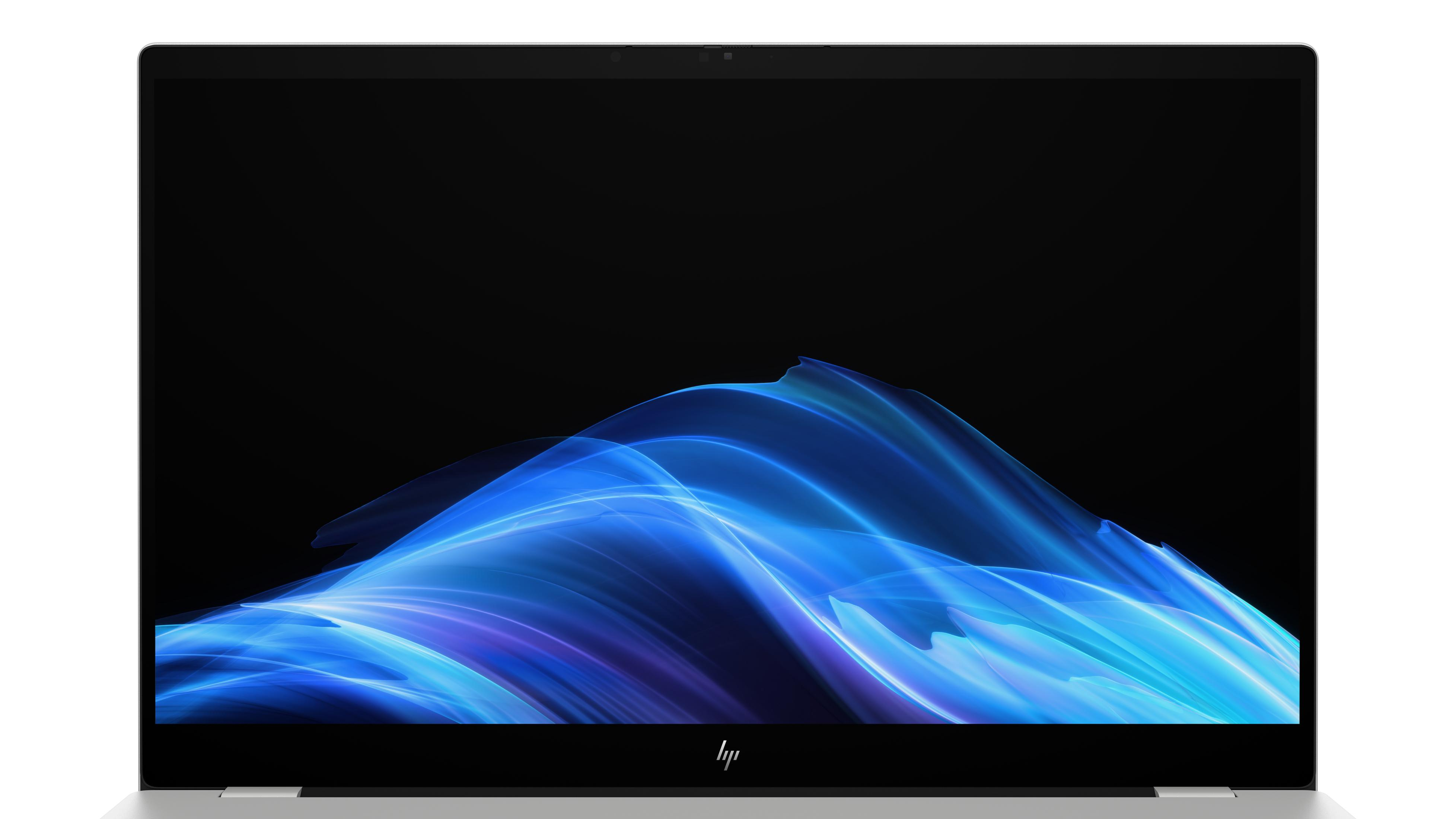 Ekran laptopa z czarnym tłem i niebieską, falistą grafiką.