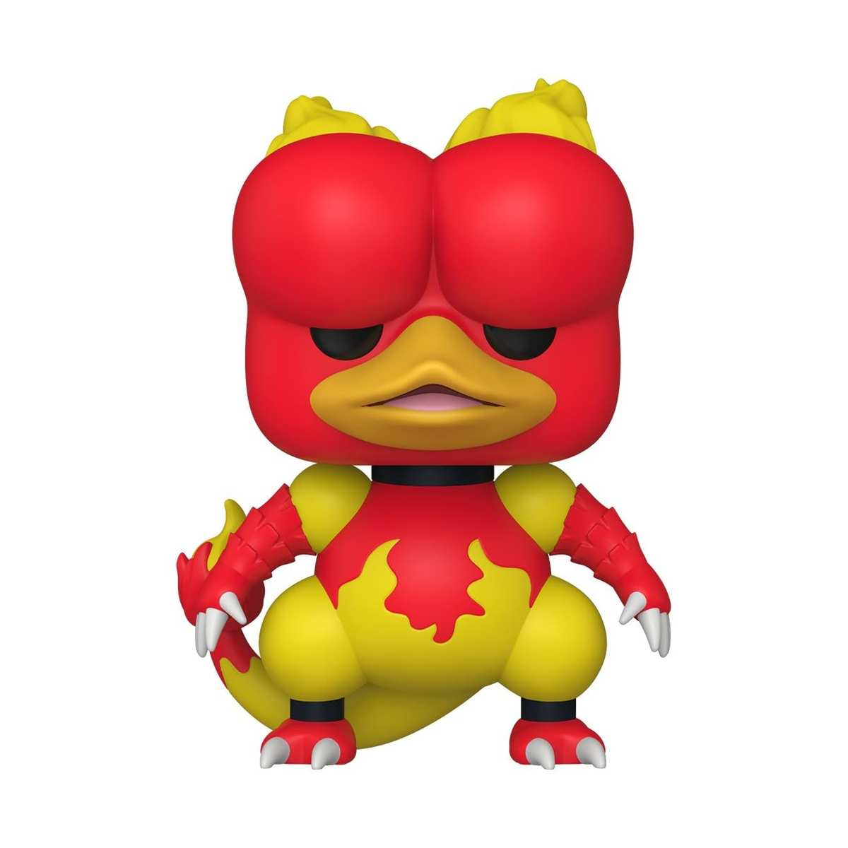 Una figura de vinilo de Magmar con cabeza roja, cuerpo amarillo, manos y pies con garras sobre fondo blanco.